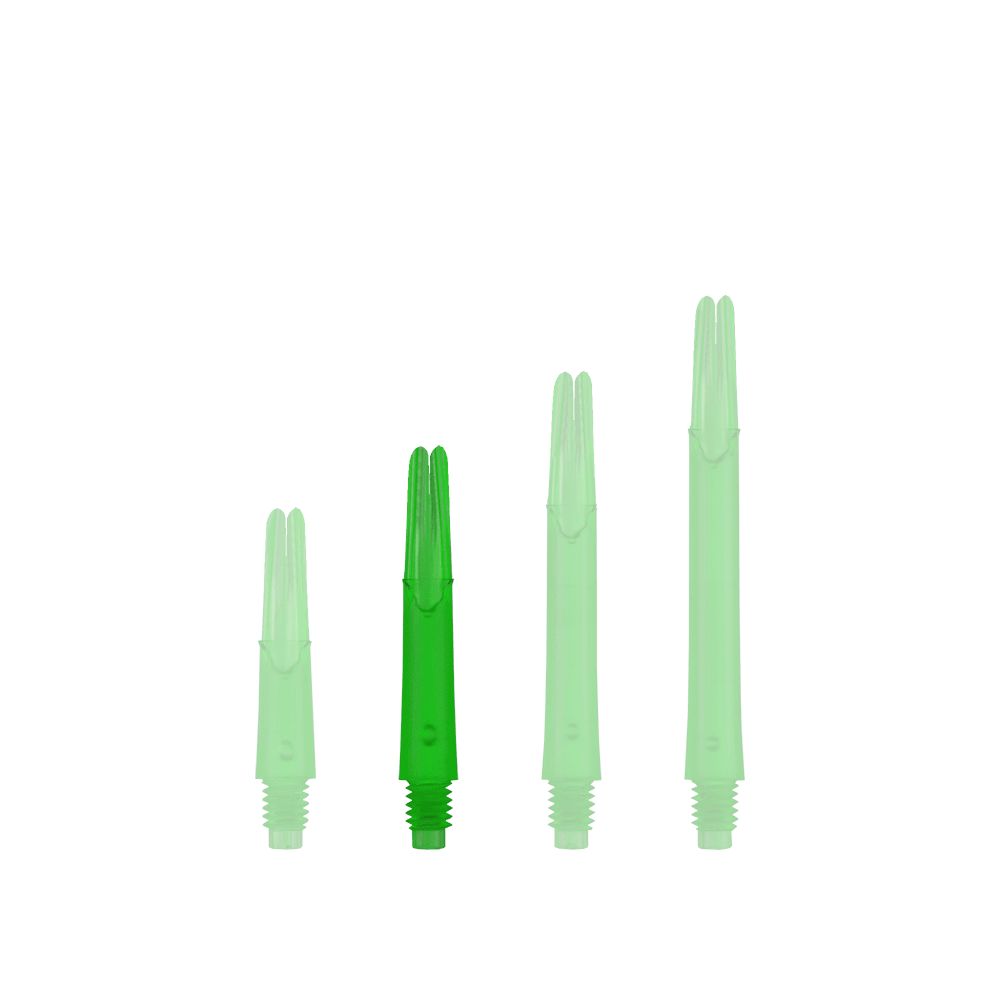 Ejes en L estilo L bloqueados rectos - Verde Auf dem Bild sind vier grüne, durchsichtige Kunststoff-Dartschäfte in unterschiedlicher Länge zu sehen. Sie stehen nebeneinander aufrecht auf einem grünen Hintergrund.