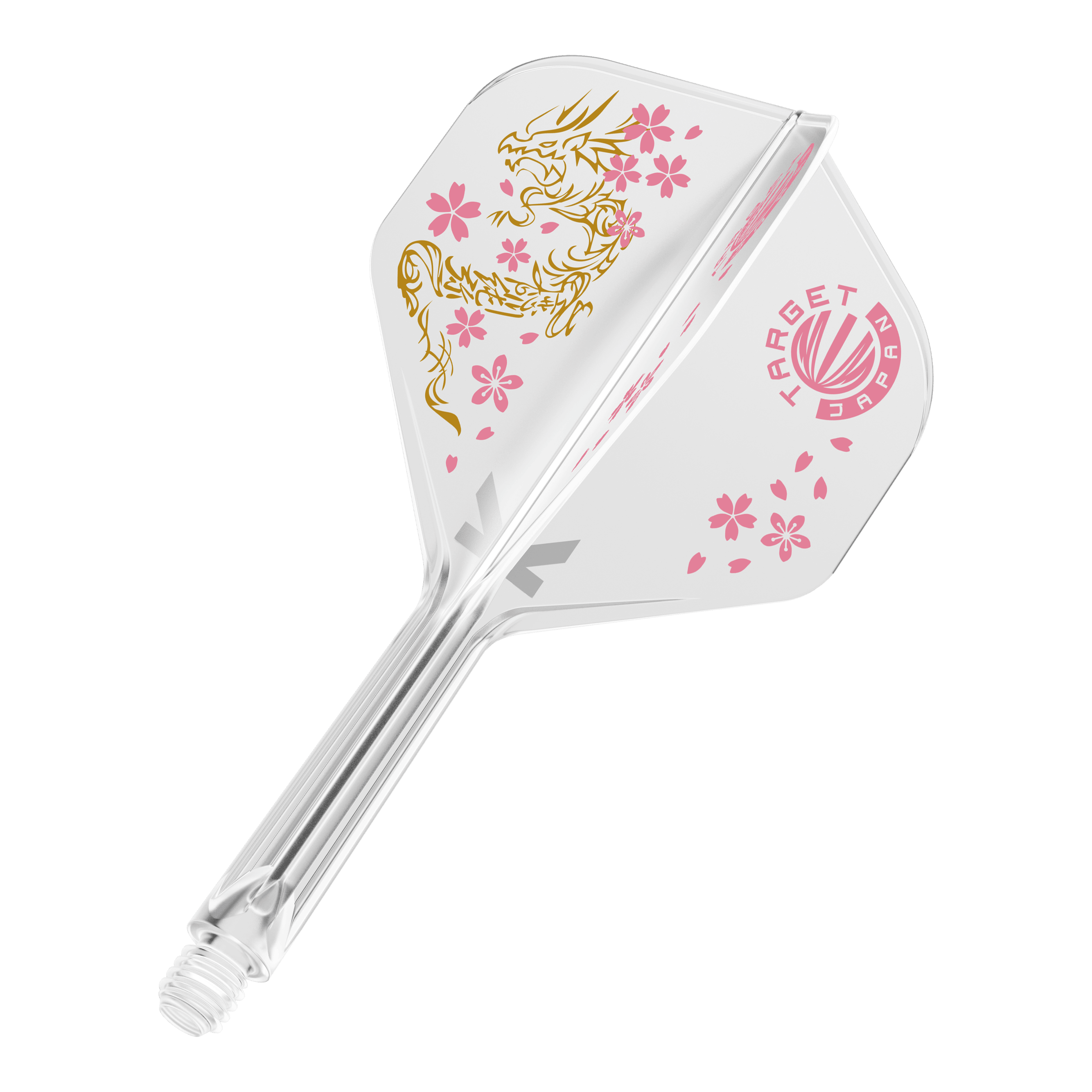 Target Japan K-Flex Smash No2 Standard Flight-Shaft-System Das Bild zeigt das Produkt "Target Japan K-Flex Smash No2 Standard Flight-Shaft-System". Es ist durchsichtig mit rosa Kirschblüten und einem goldenen Drachen verziert.