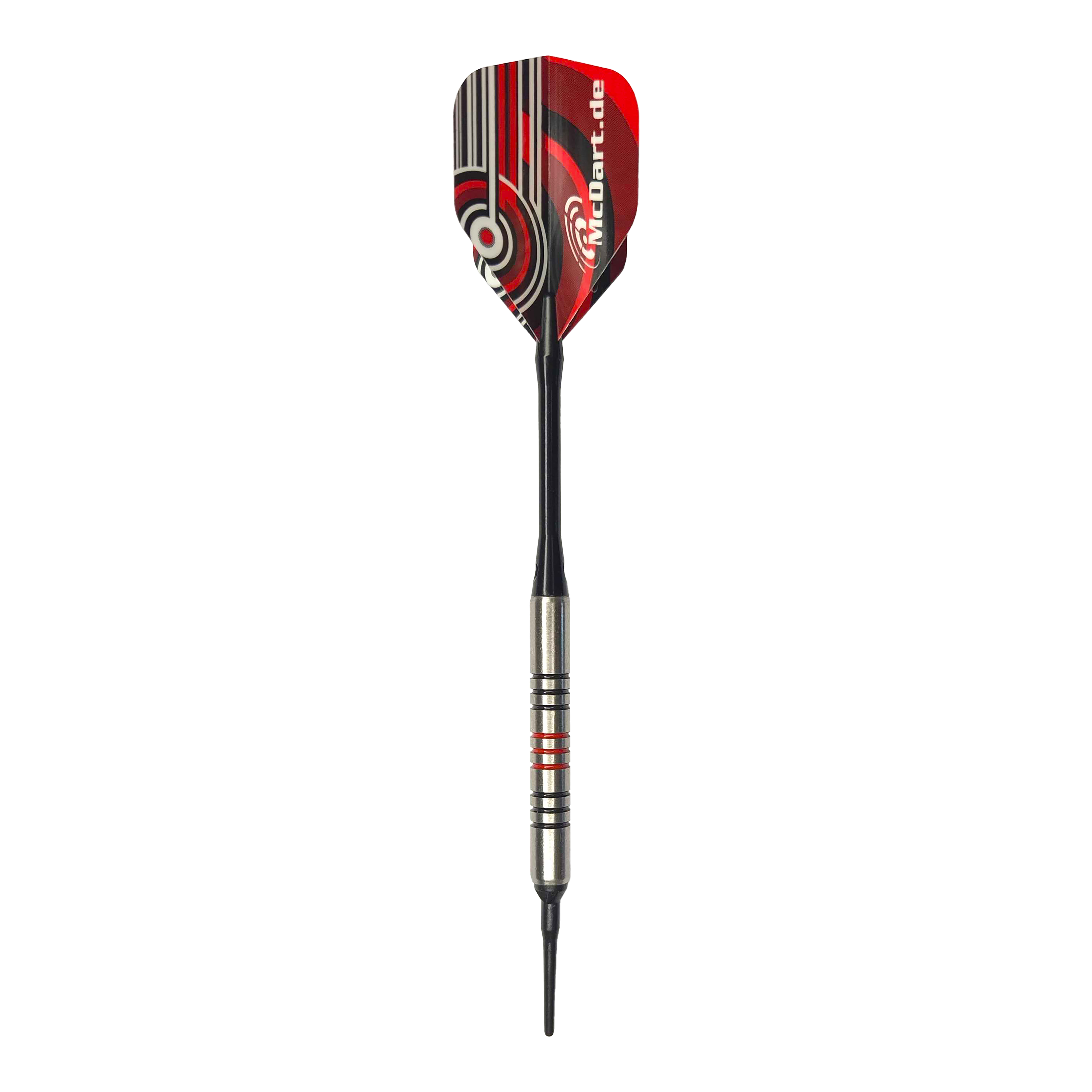 Dardos blandos McDart 85 Tungsten V11 - 17,5 g Dies ist ein McDart 85er Tungsten V11 Softdart mit einem Gewicht von 17,5g. Der Dart hat ein silbernes Barrel mit schwarzen und roten Ringen sowie ein rot-schwarzes Flight-Design.