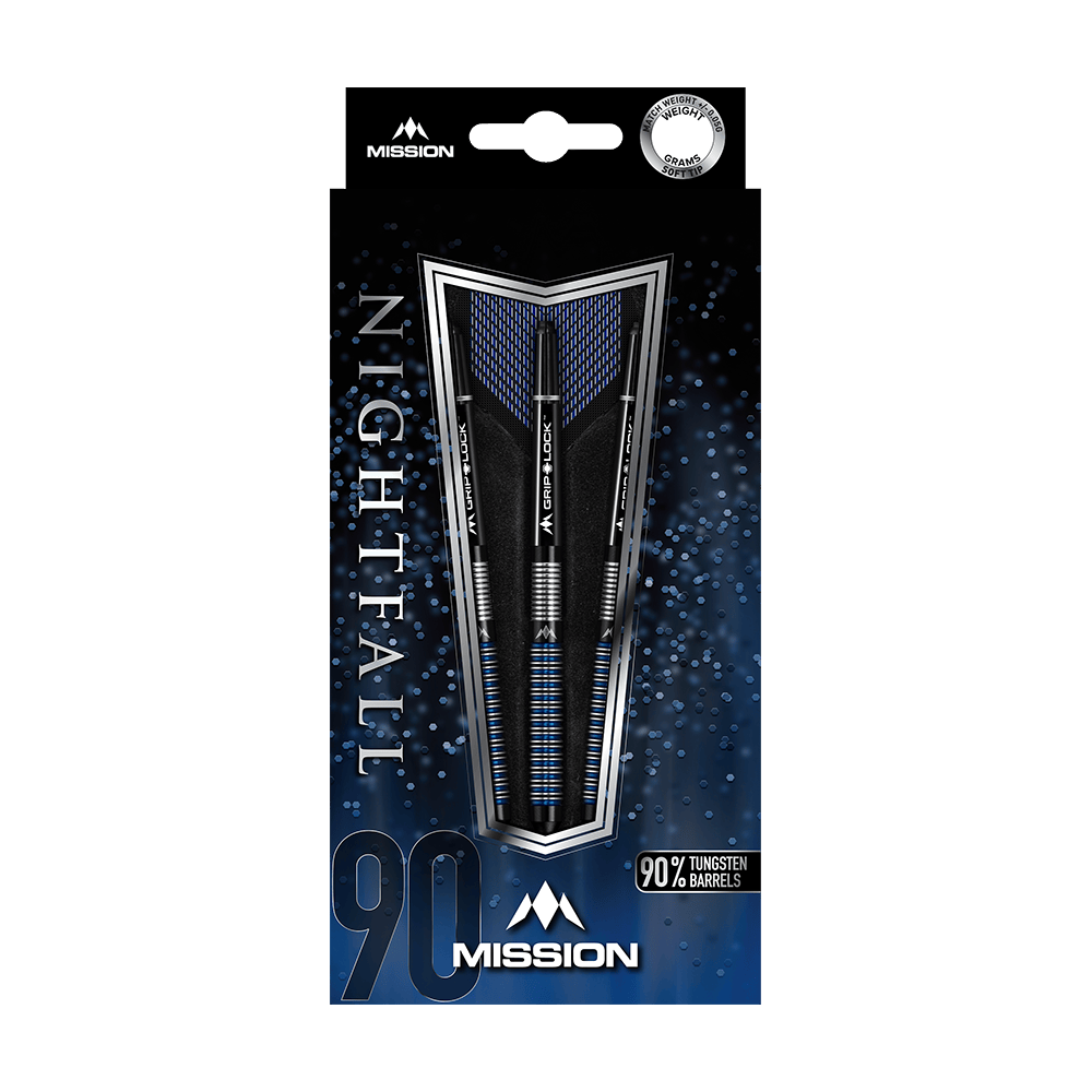 dardos blandos Mission Nightfall Modelo 1 Das Bild zeigt die Verpackung der "Mission Nightfall Model 1 Softdarts". Die Darts bestehen zu 90 % aus Tungsten und sind auf einem dunkelblauen Hintergrund präsentiert.
