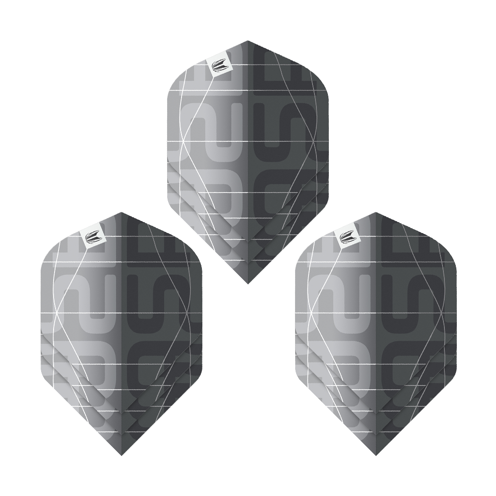Plumas estándar Target Pro Ultra Aspinall X Echo No2 (3 juegos) Das Bild zeigt drei schwarze und graue Dartflights mit modernem Muster. Es handelt sich um das Produkt "Target Pro Ultra Aspinall X Echo No2 Standard Flights - 3 Sets".