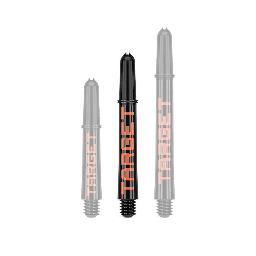 Varillas Target Pro Grip TAG - 3 juegos - Negro Naranja Auf dem Bild sind drei schwarze Dartschäfte in unterschiedlicher Länge zu sehen. Auf jedem Schaft steht in orangefarbenen Buchstaben das Wort "TARGET".