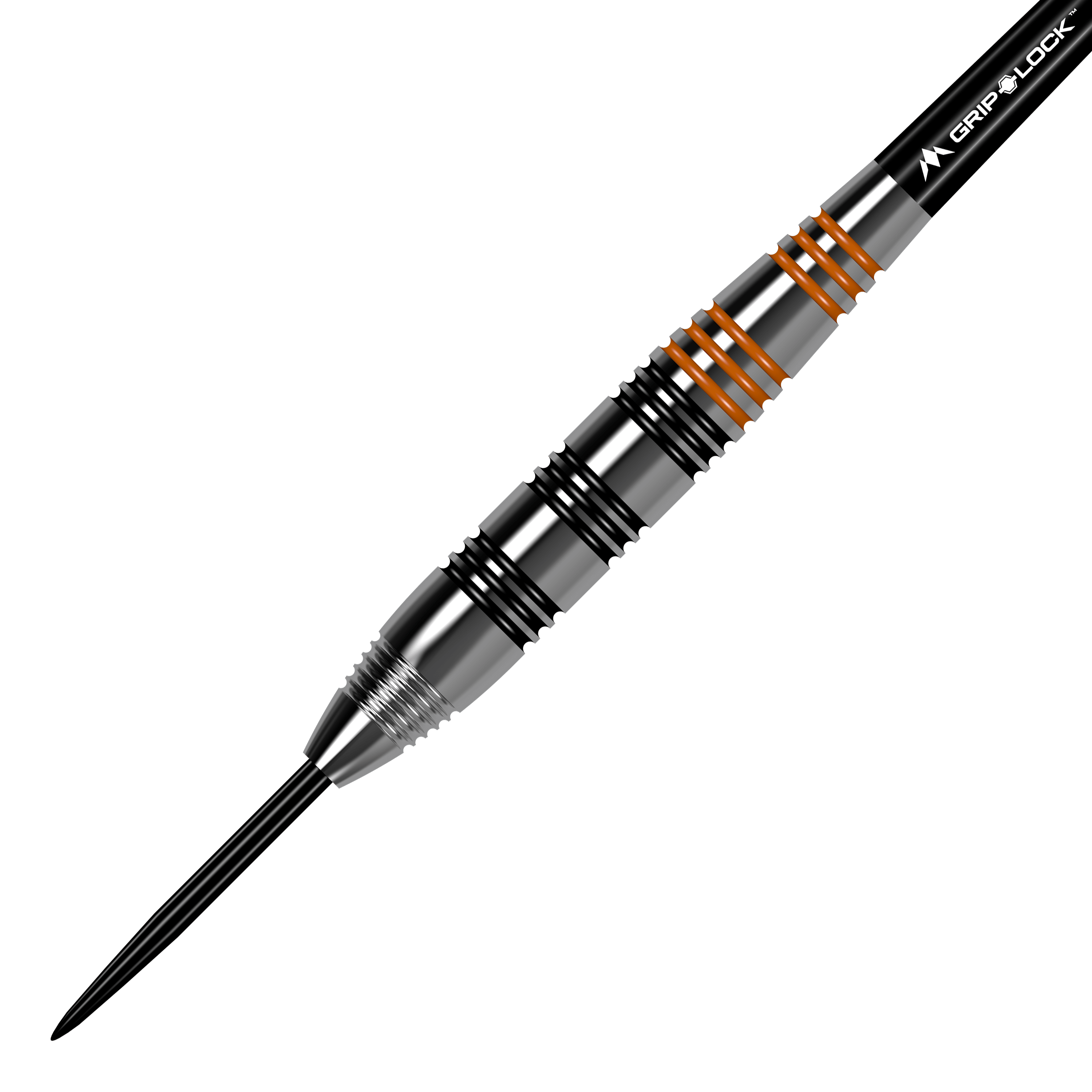 Dardos Mission Javan de latón y acero - 22 g Das Bild zeigt einen Mission Javan Brass Steeldart mit einem Gewicht von 22 Gramm. Der Dart hat silberne und schwarze Rillen sowie einige orangefarbene Ringe am Griff.