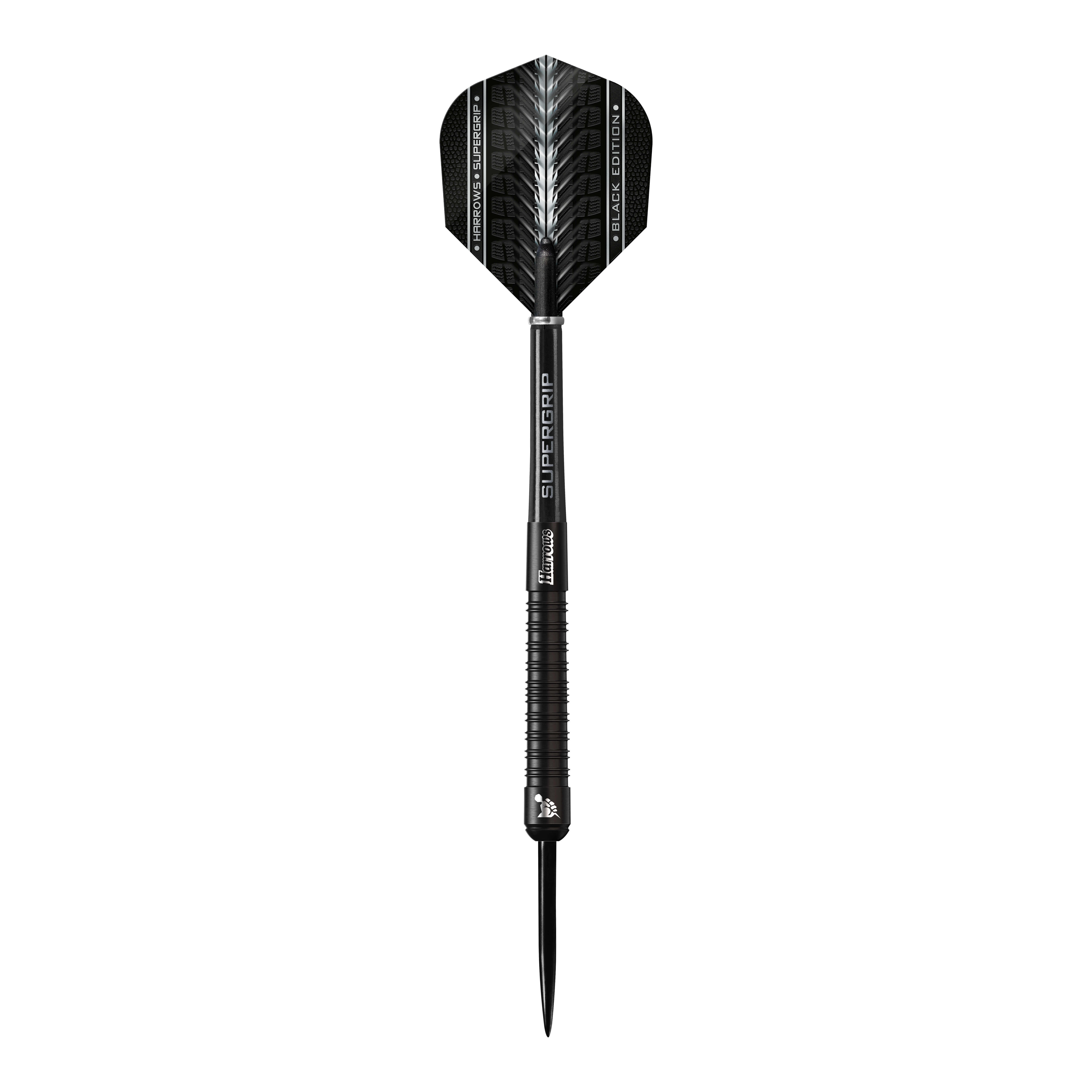 Dardos de acero Harrows Supergrip Black Edition Das Bild zeigt einen schwarzen Steeldart der Marke Harrows Supergrip Black-Edition. Der Dart hat ein elegantes, komplett schwarzes Design mit feinen silbernen Akzenten.