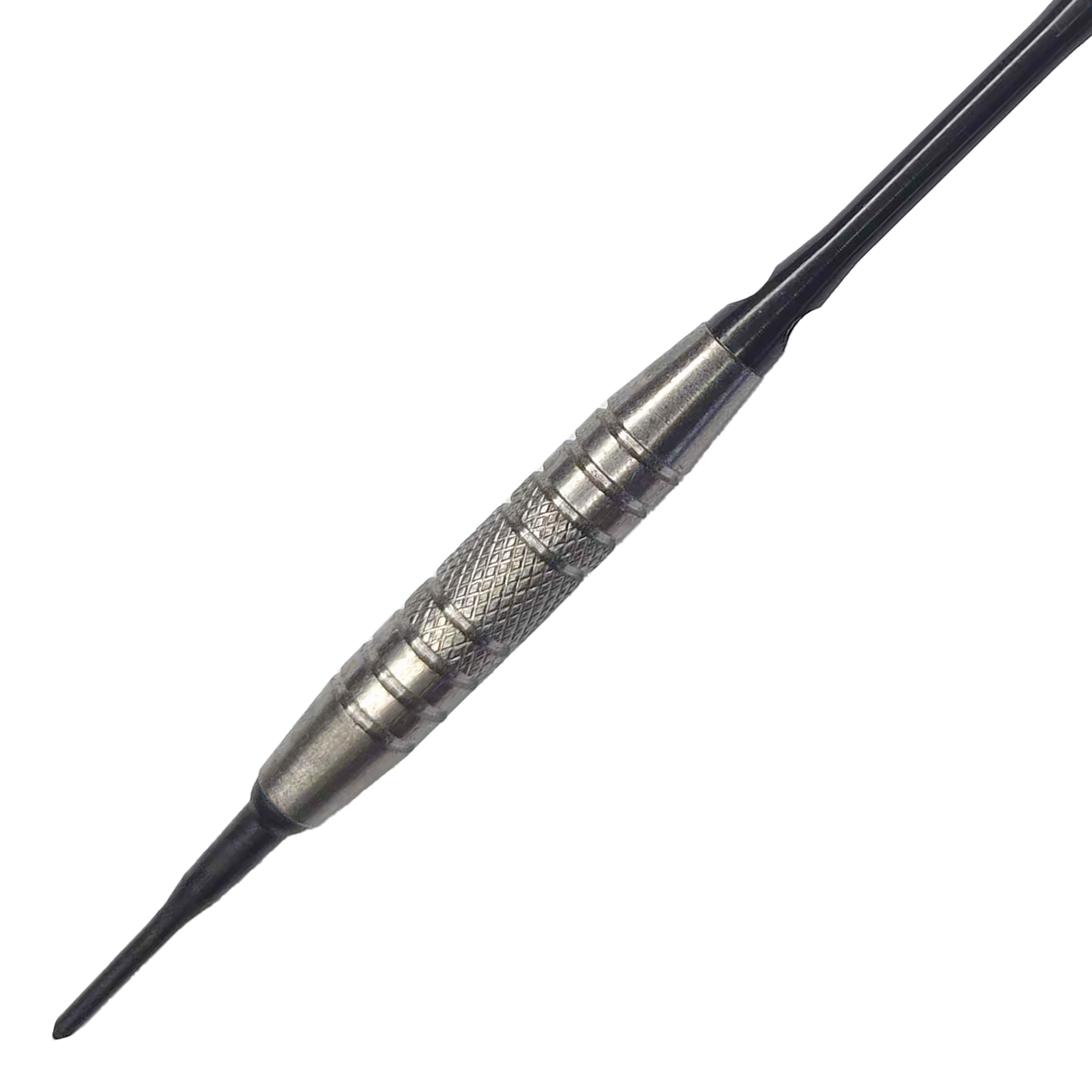 Dardos blandos McDart 85 Tungsten V6 - 16 g Das Bild zeigt einen Softdart namens "McDart 85er Tungsten V6" mit einem Gewicht von 16 Gramm. Der Dart hat einen silbernen, strukturierten Griffbereich für besseren Halt.