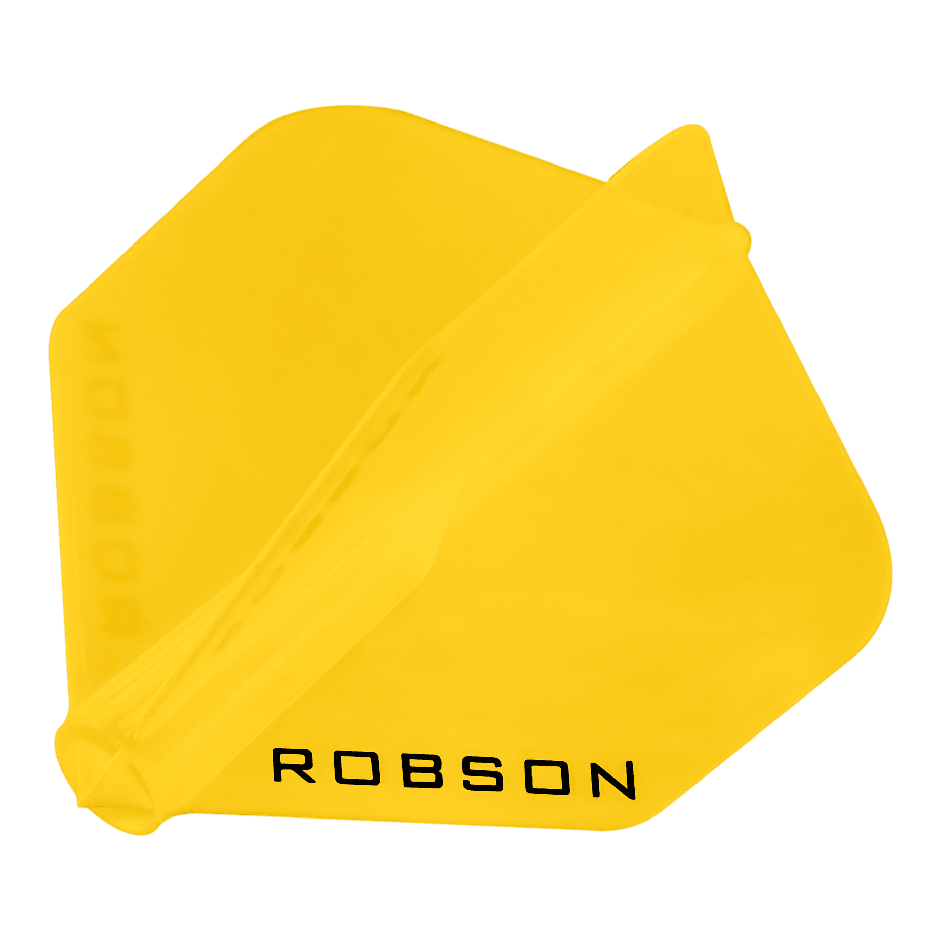 Das Bild zeigt ein gelbes Dart-Flight mit der Aufschrift "ROBSON". Das Flight hat eine klassische No6-Form und besteht aus Kunststoff.