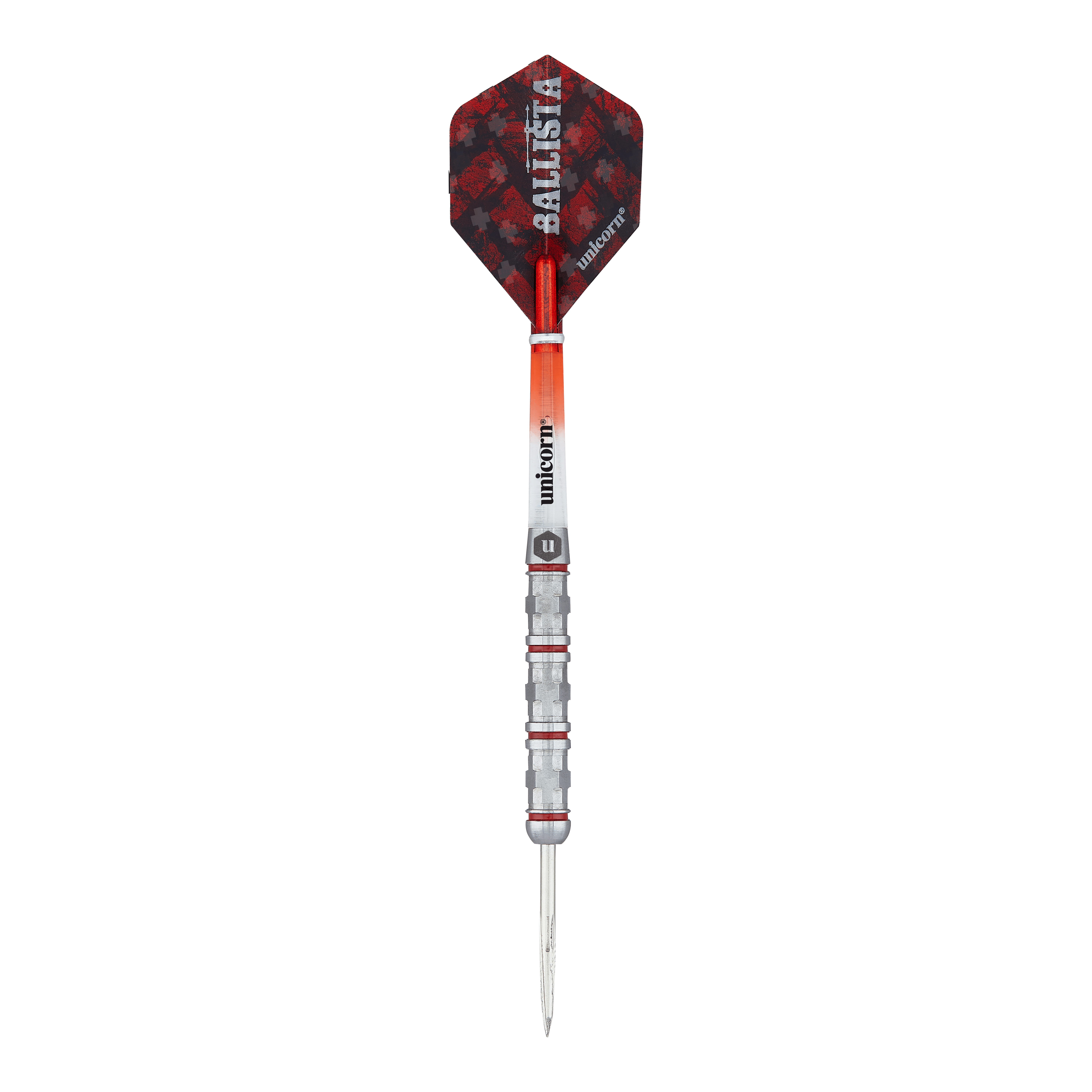 Dardos de acero estilo Ballista Unicorn 4 Das Bild zeigt einen Steeldart namens "Unicorn Ballista Style 4". Der Dart hat eine silberne Spitze, einen strukturierten Griff und rote sowie schwarze Akzente am Flight.