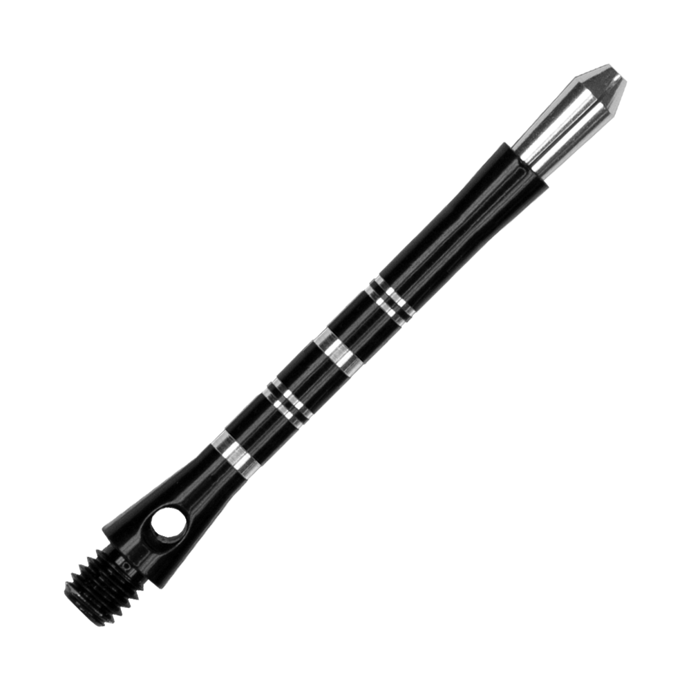 561_Target_Colette_Shafts_Schwarz_47mm_2 Das Bild zeigt einen schwarzen Harrows Colette Shaft für Darts. Der Shaft hat silberne Ringe als Akzente und ein glänzendes, elegantes Design.