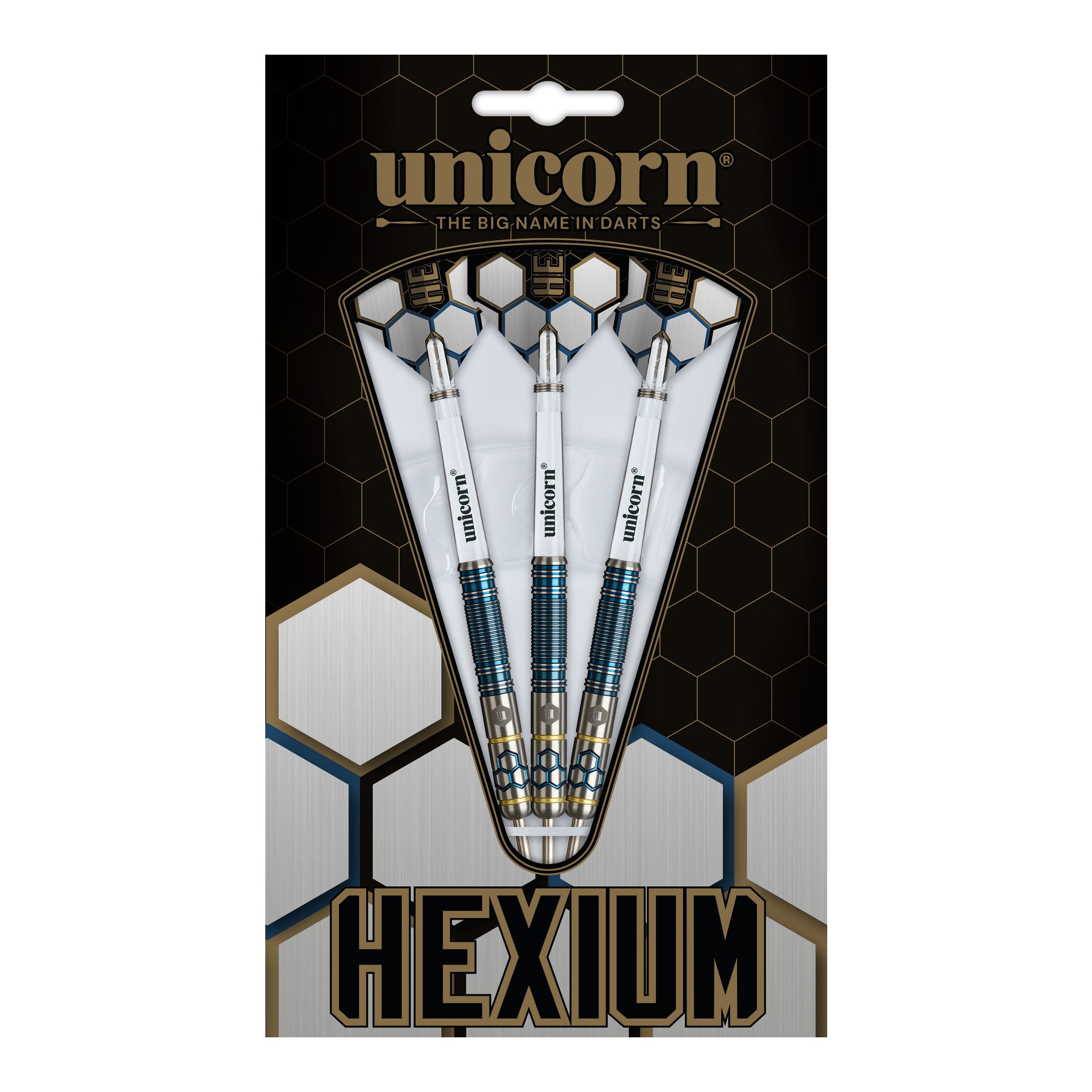 Dardos de acero Unicorn Hexium Style 02 azules y dorados Das Bild zeigt die Unicorn Hexium Style 02 Blue & Gold Steeldarts. Die Darts sind in Blau und Gold designt.
