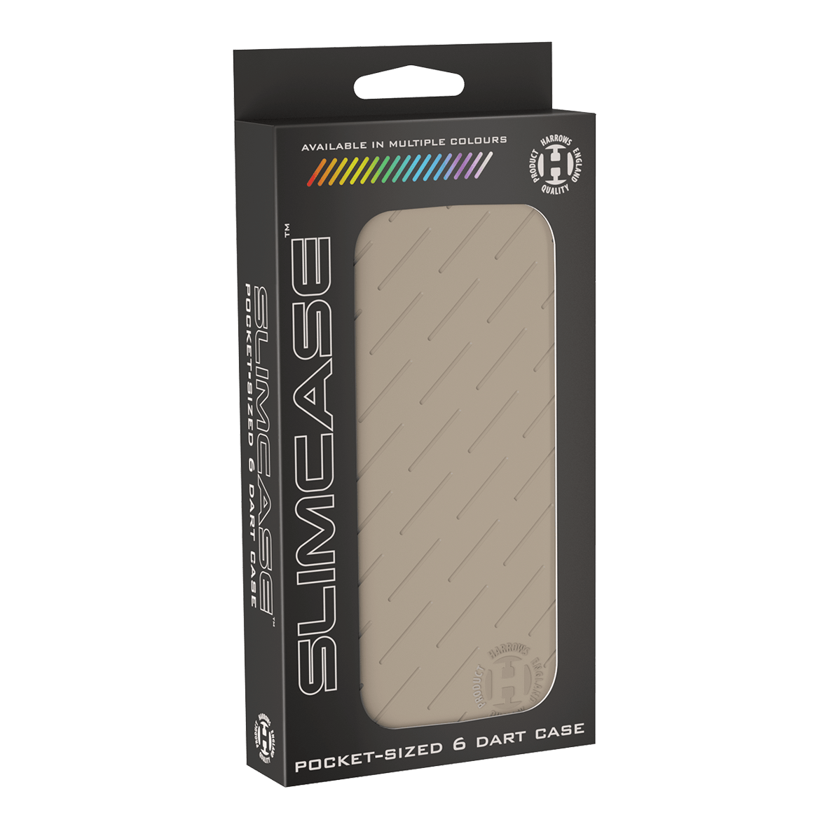 Estuche para dardos Harrows Slimcase Die Abbildung zeigt eine Harrows Slimcase Darttasche in Steingrau, verpackt in einer schwarzen Box. Die Tasche ist für sechs Darts geeignet und passt in die Hosentasche.