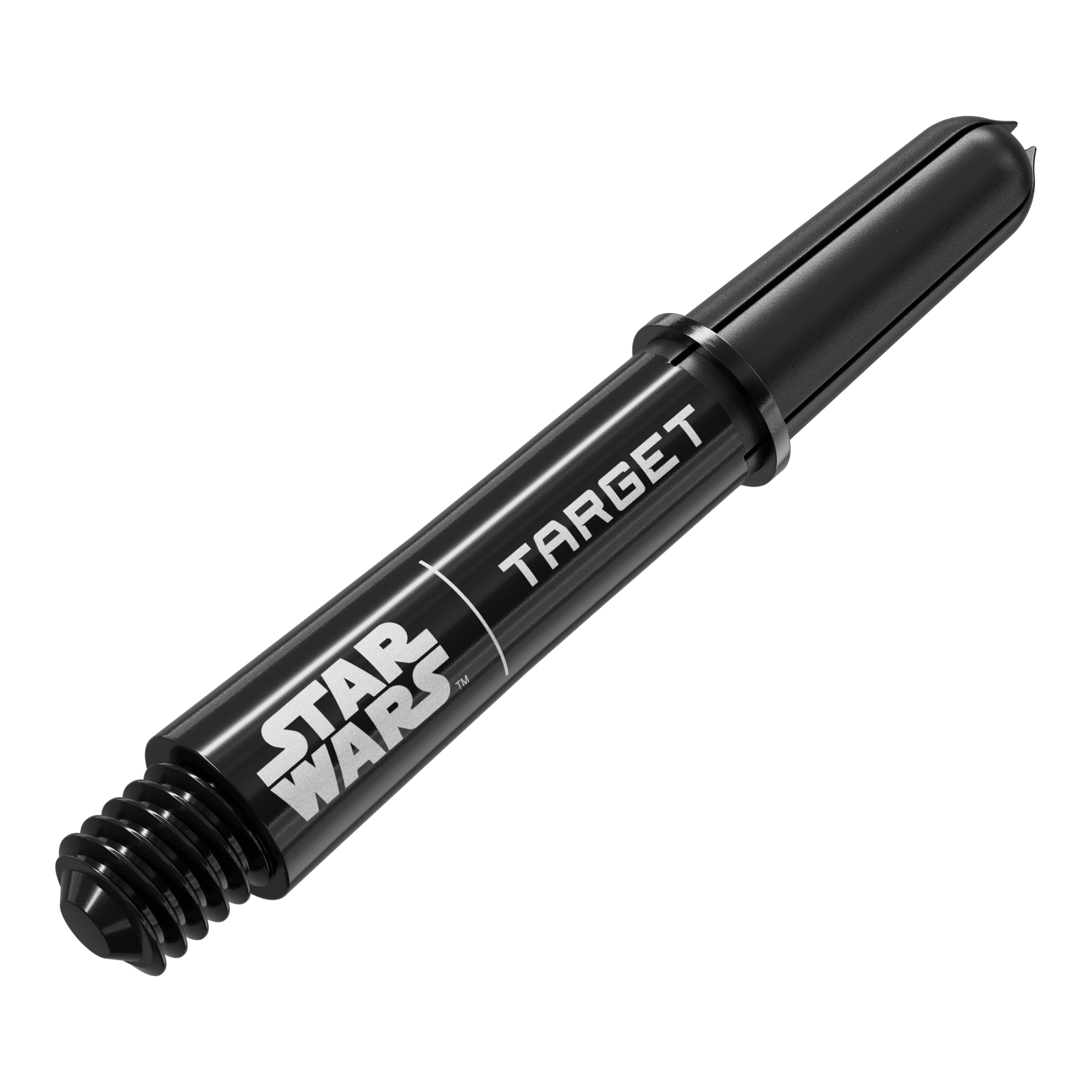 Varillas Target Star Wars ProGrip - Negras Das Bild zeigt das Produkt mit dem Dateinamen 380420_Target_StarWars_ProGrip_Shafts_Schwarz_Short_34mm_2. Es handelt sich wahrscheinlich um schwarze, kurze Dartshafts mit Star Wars-Design.