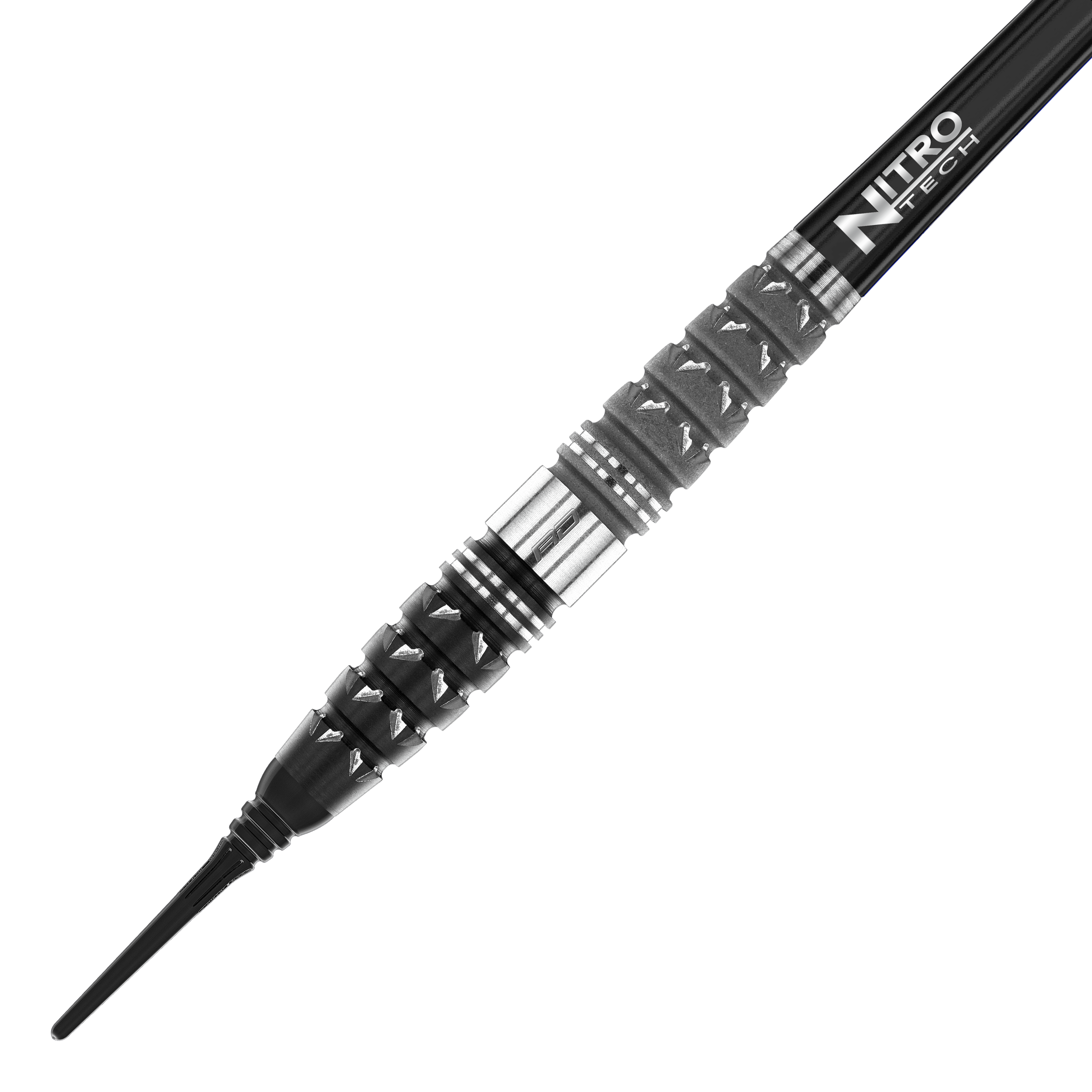 Dies ist der Red Dragon Paradym Torpedo Softdart mit einem Gewicht von 20g. Er hat ein markantes schwarzes und silbernes Design mit einer griffigen Struktur am Barrel.