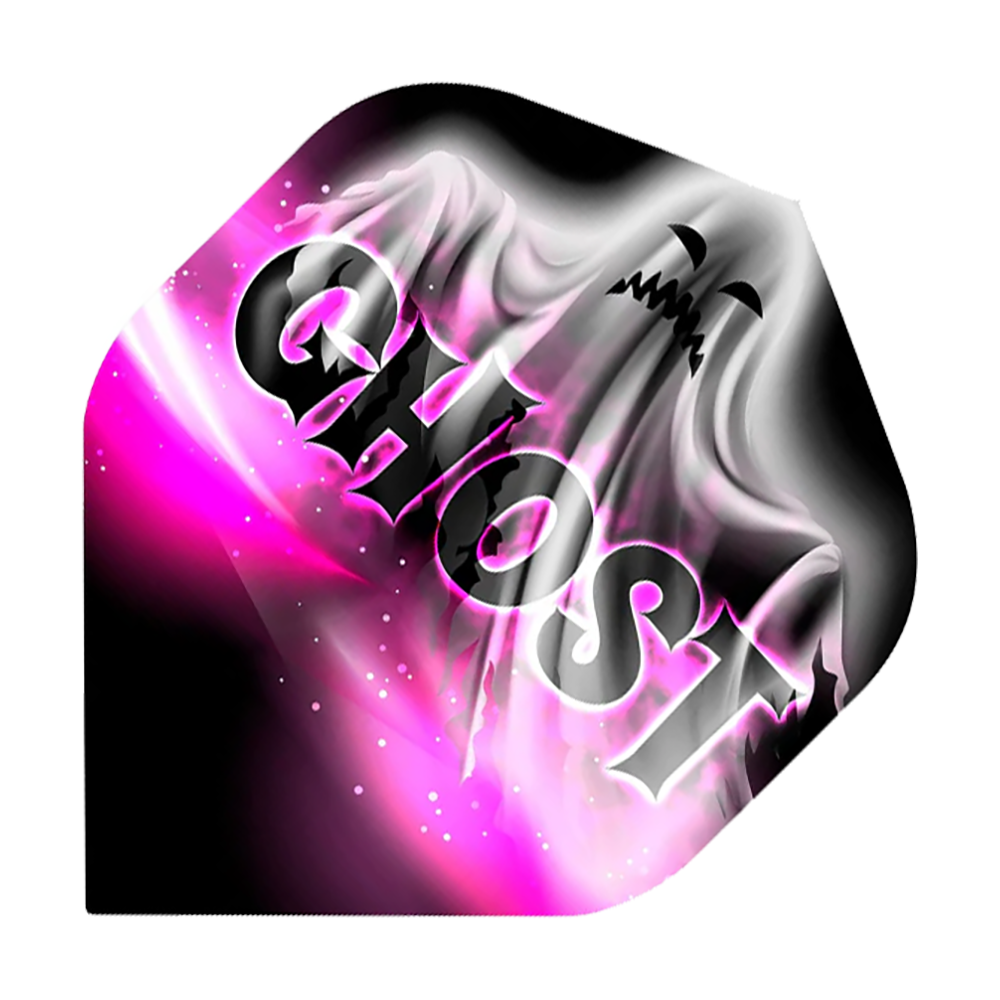 Misión Solo Bailey Marsh No2 Vuelos Estándar Das Bild zeigt ein Dartflight mit einem Geistermotiv und dem Wort "GHOST" groß darüber geschrieben. Die Farben sind hauptsächlich Schwarz, Weiß und Pink.