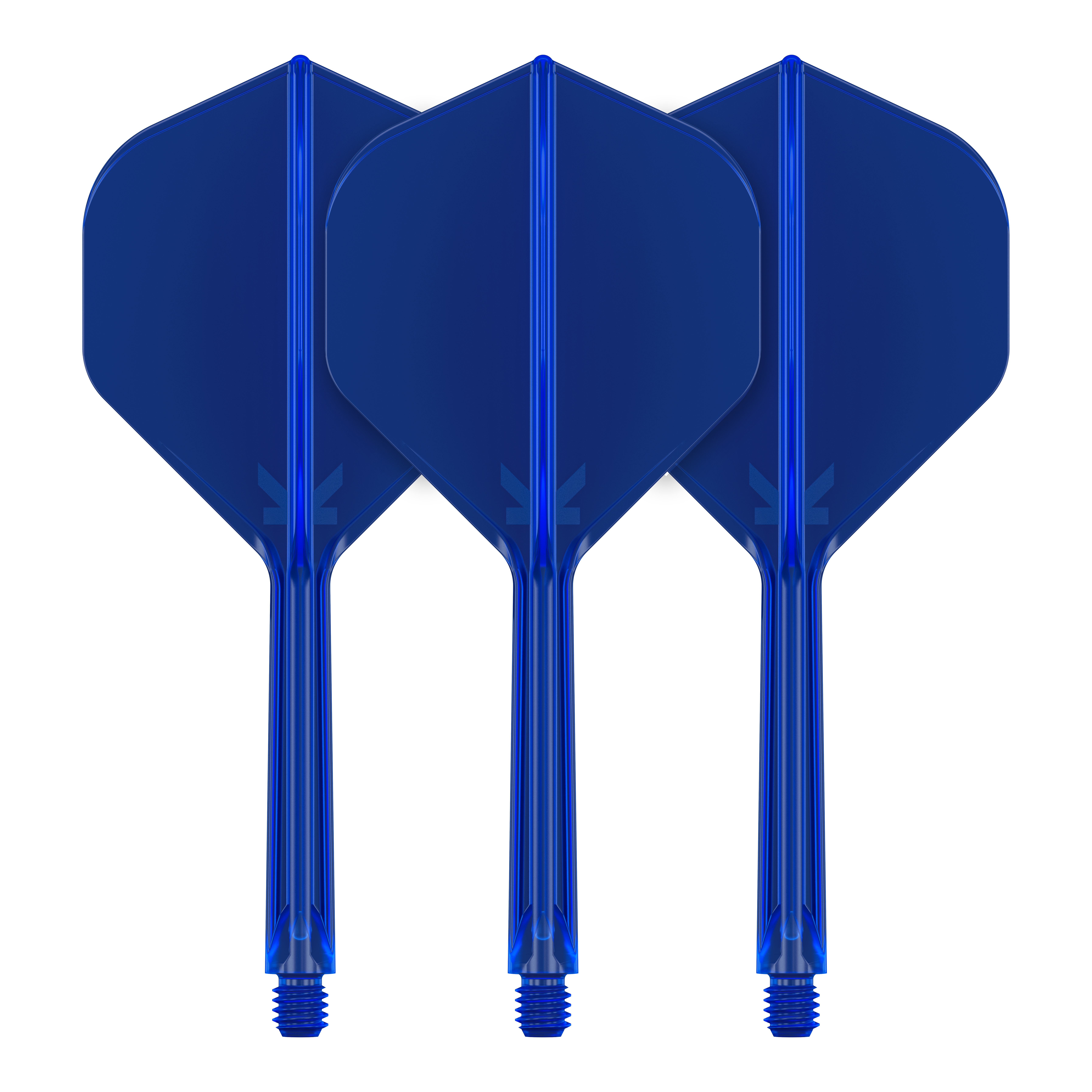 Sistema de vuelo estándar Target K-Flex No2 - Azul Auf dem Bild sind drei blaue Dart-Flights mit Schaft zu sehen. Sie stehen nebeneinander und haben eine standardisierte Form.