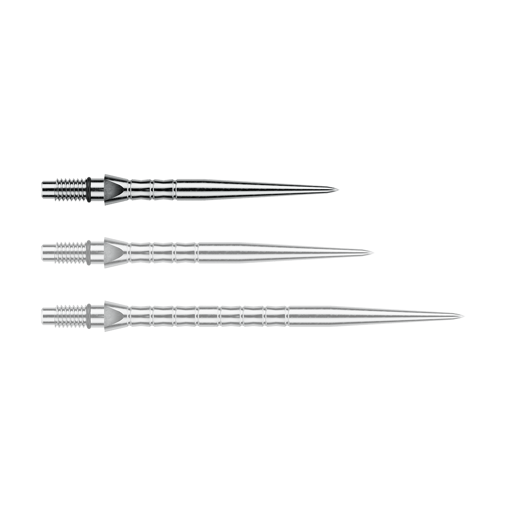 Puntas de dardos de acero Winmau Switch Point Wave - Efecto plateado Das Foto zeigt Winmau Switch Point Wave Silver Effect Steeldartspitzen mit 26 mm. Die silberfarbenen Steeldartspitzen sind in der Nahaufnahme sichtbar.