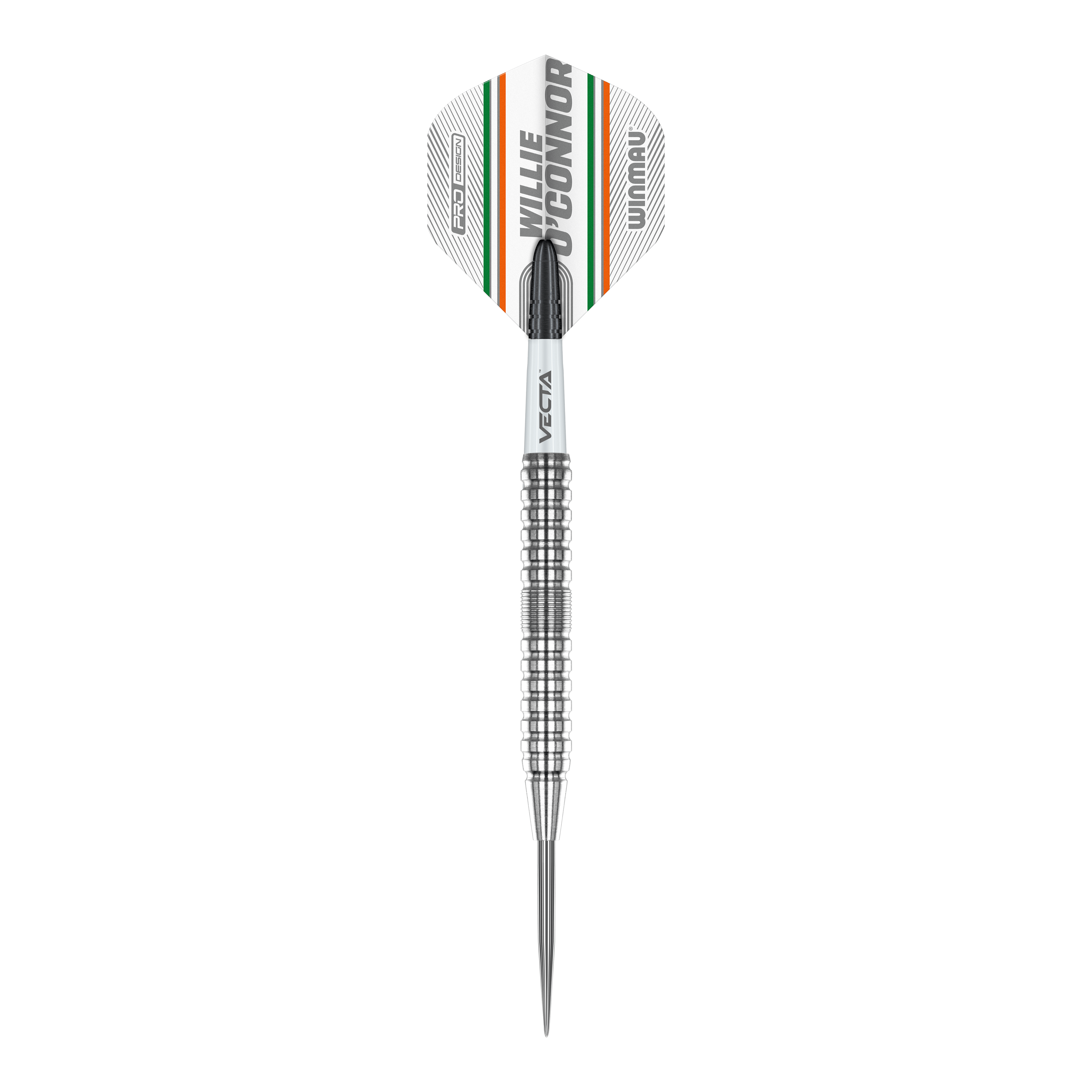 Dardos de acero Winmau Willie O'Connor - 23 g Das Bild zeigt einen Winmau Willie O'Connor Steeldart mit 23g Gewicht. Der Dart hat ein silbernes, geriffeltes Barrel und ein Flight mit orangenen, grünen und schwarzen Streifen.