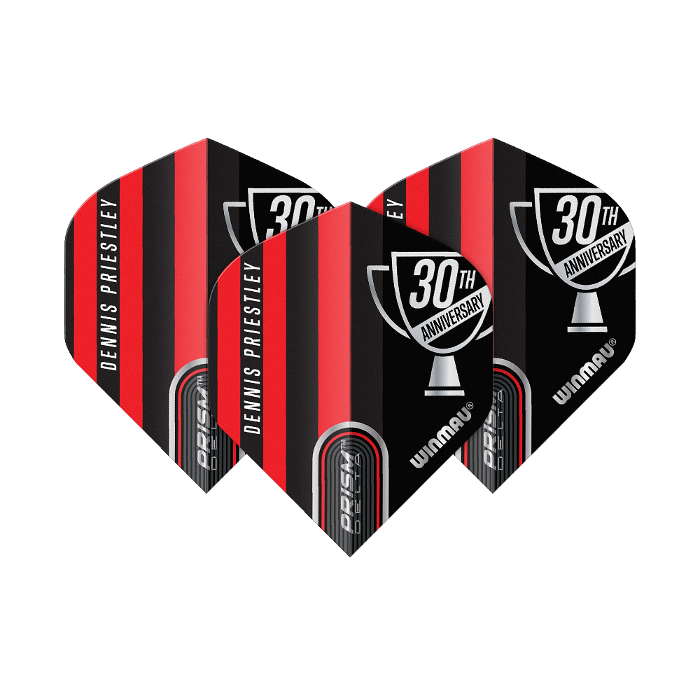Vuelos estándar Winmau Prism Delta Dennis Priestley Diamond 3-Zero No2 Das Bild zeigt drei Dartflights der Marke Winmau in rot-schwarzem Design. Auf den Flights steht "Dennis Priestley" und "30th Anniversary".