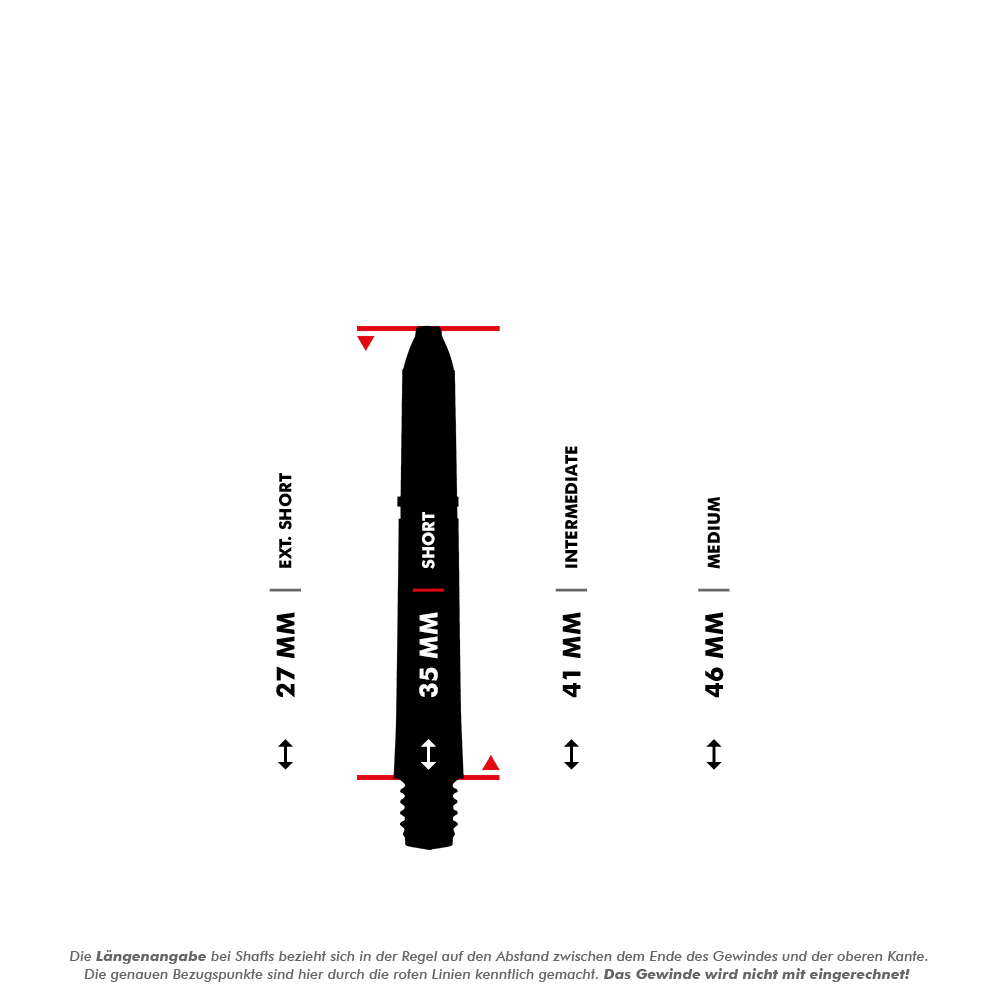 7011_001_Winmau_Pro-Force_Shafts_4Var_5_35mmZMnhGsROX6rCz Das Bild zeigt eine Übersicht der Längen verschiedener Winmau Pro-Force Shafts in Weiß. Es sind die Größen Extra Short (27 mm), Short (35 mm), Intermediate (41 mm) und Medium (46 mm) dargestellt.