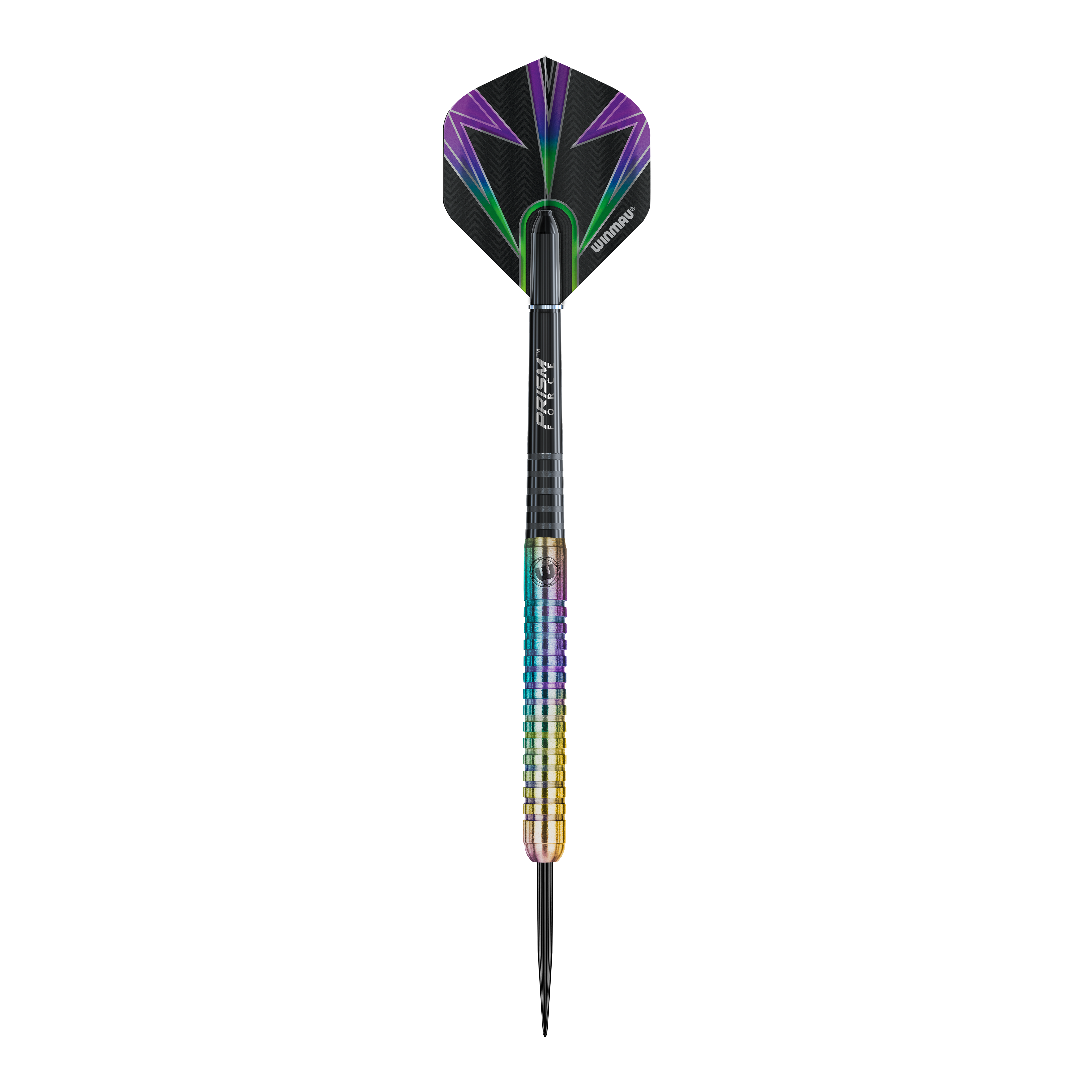 Dardos de acero Winmau Foxfire Urban Das Bild zeigt einen Winmau Foxfire Urban Steeldart mit buntem Schaft und moderner Optik. Die Flight ist schwarz mit lila und grünen Akzenten gestaltet.