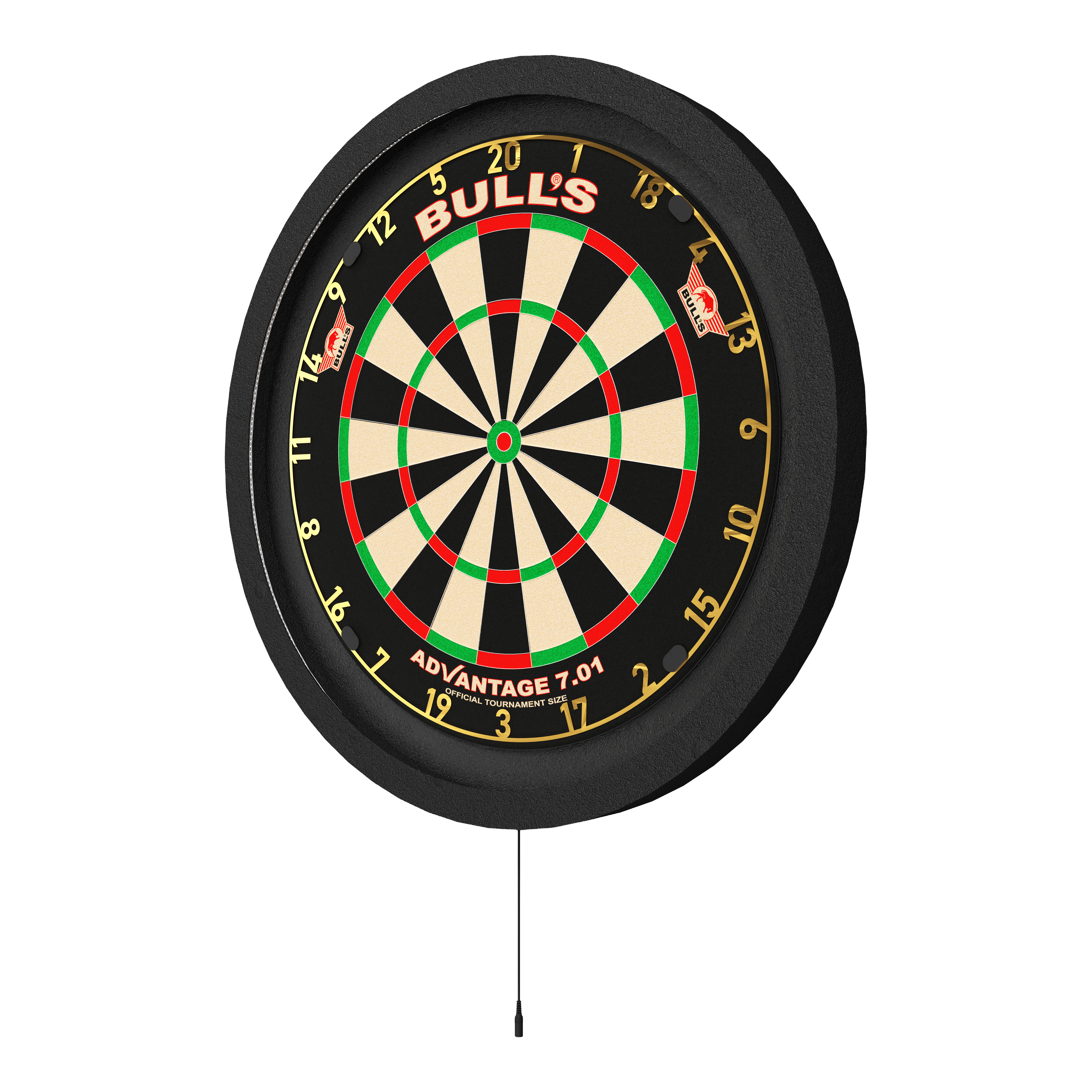 Das Bild zeigt ein Bulls NL Lumo 2 Light Surround Beleuchtungssystem an einer Dartscheibe. Das Beleuchtungssystem sorgt für eine gleichmäßige Ausleuchtung des Dartboards.
