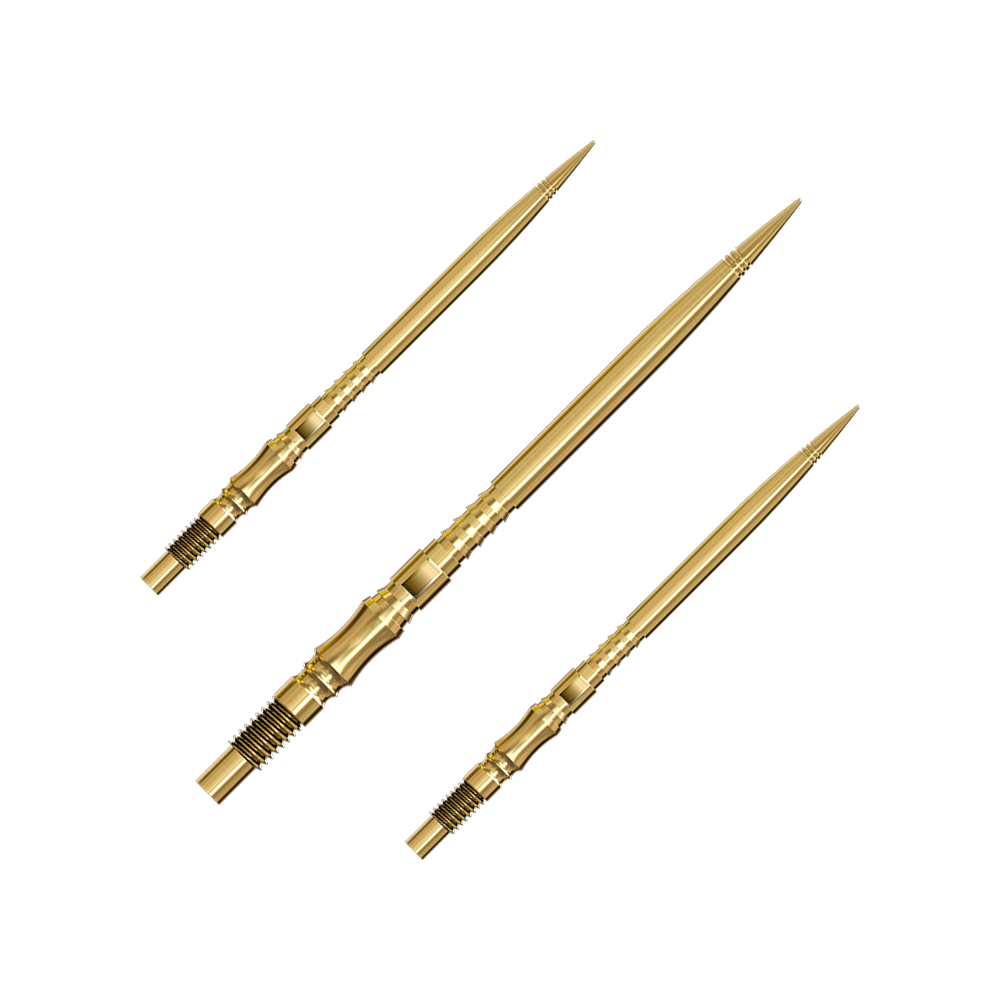 Puntas de dardo Harrows Quick Point Axis Elite Series - Oro Ein Set von mehreren goldfarbenen Dartspitzen liegt nebeneinander. Die Spitzen sind gut sortiert und übersichtlich angeordnet.