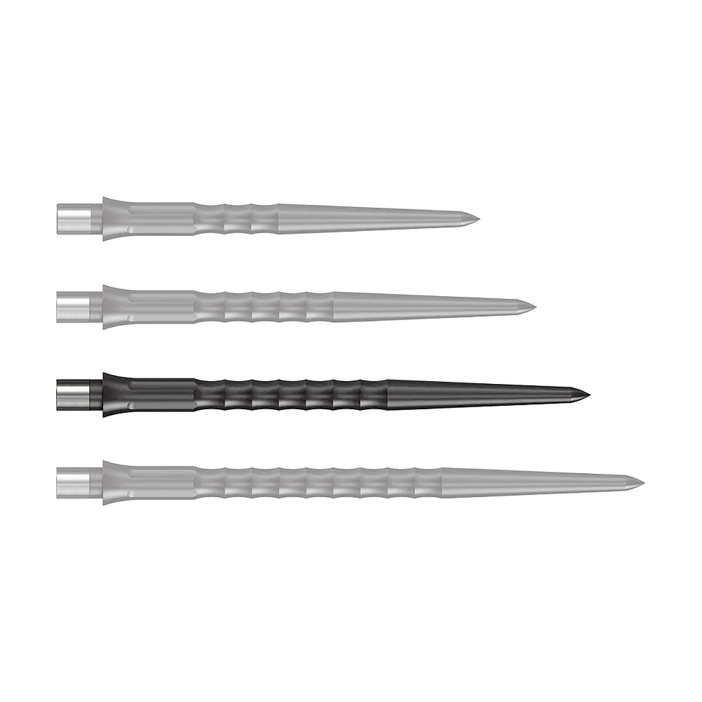 Puntas Steeldart del sistema Caliburn - Ondulada - Sin labio - Negras Zu sehen ist eine schwarze Steeldartspitze mit Ripple NoLip Design, 36 mm Länge. Das Produkt ist Teil des Caliburn Evo Systems.