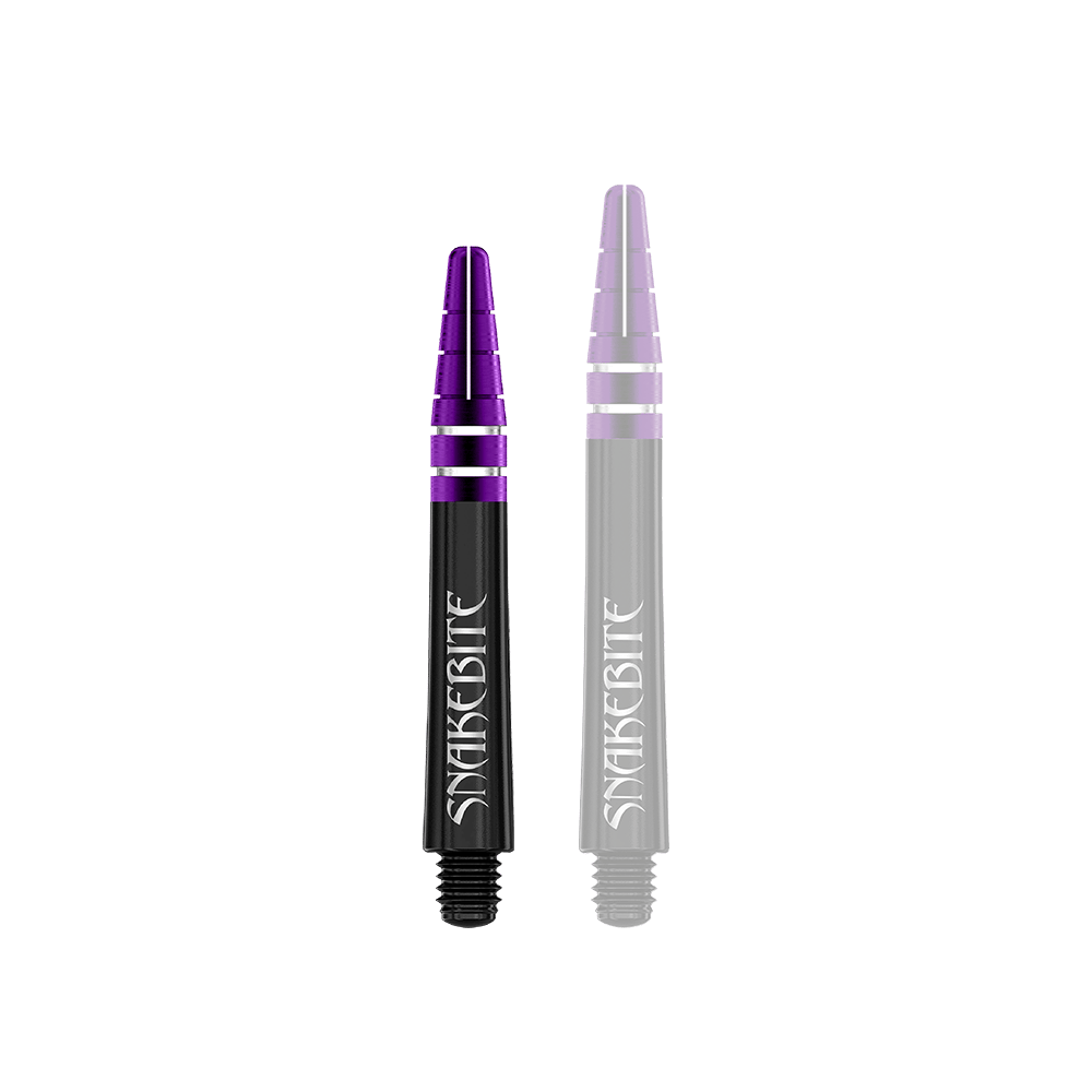 C697_Red_Dragon_Nitrotech_Peter_Wright_Black_Shafts_36mm_1BcXCiwDBcPHGL Das Bild zeigt zwei schwarze Dart-Schäfte mit violettem Kopf und silbernen Akzenten. Auf den Schäften steht in weißer Schrift das Wort „SNAKEBITE“.