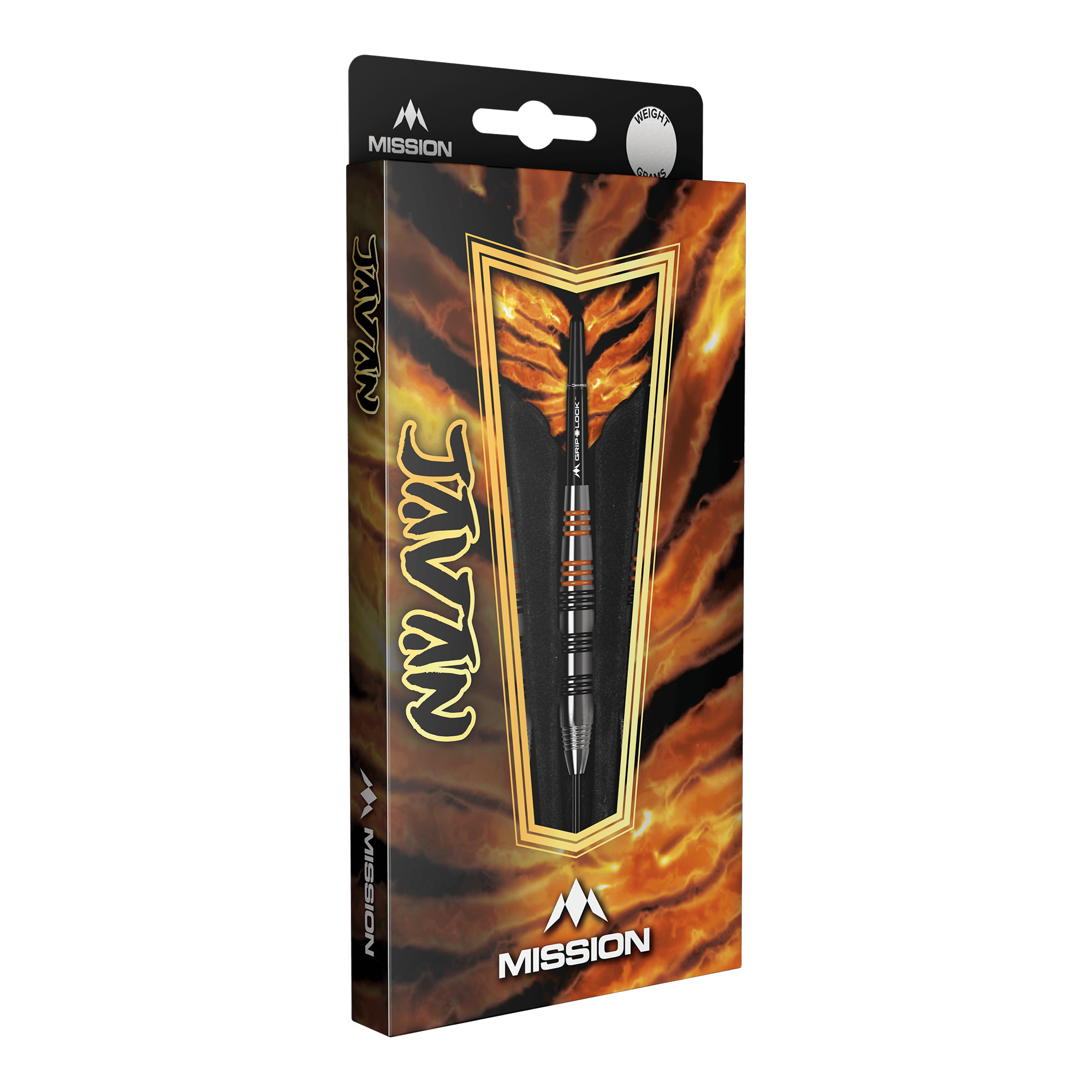 Dardos Mission Javan de latón y acero - 22 g Die Abbildung zeigt die Verpackung der Mission Javan Brass Steeldarts mit einem Gewicht von 22g. Das Design ist auffällig und besitzt feurige Farben mit dem Produkt im Vordergrund.