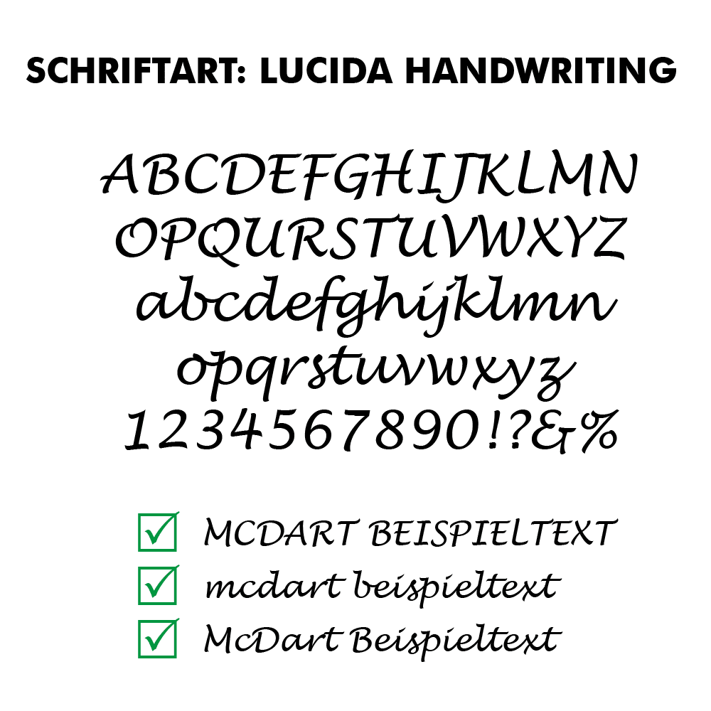 Flightdruck_Schriftart_LucidaHandwritingDVZqOk0nf9IZc Das Bild zeigt die Schriftart "Lucida Handwriting" mit Beispielen für Großbuchstaben, Kleinbuchstaben, Zahlen und Sonderzeichen. Unten werden drei Beispieltexte in verschiedenen Schreibweisen dieser Schriftart angezeigt.