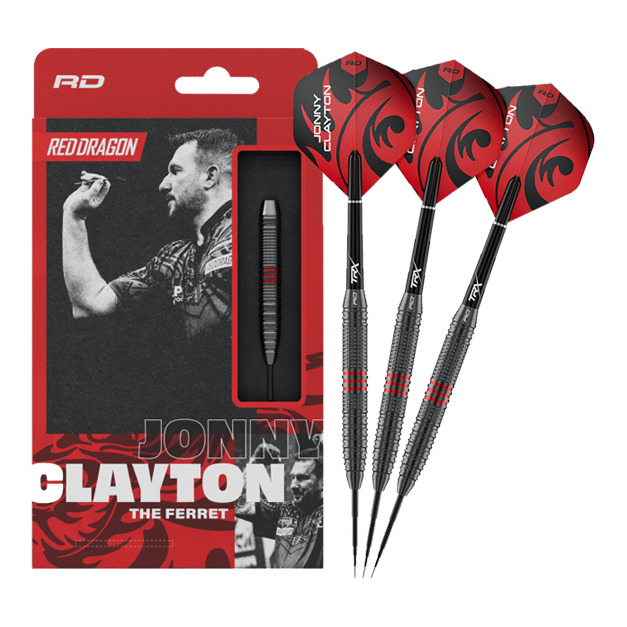 Dardos de acero Red Dragon Jonny Clayton Core Brass - 21 g Dieses Bild zeigt die Red Dragon Jonny Clayton Core Brass Steeldarts - 21g in voller Länge. Die Darts haben goldene Rillen und rote sowie schwarze Details am Flight.