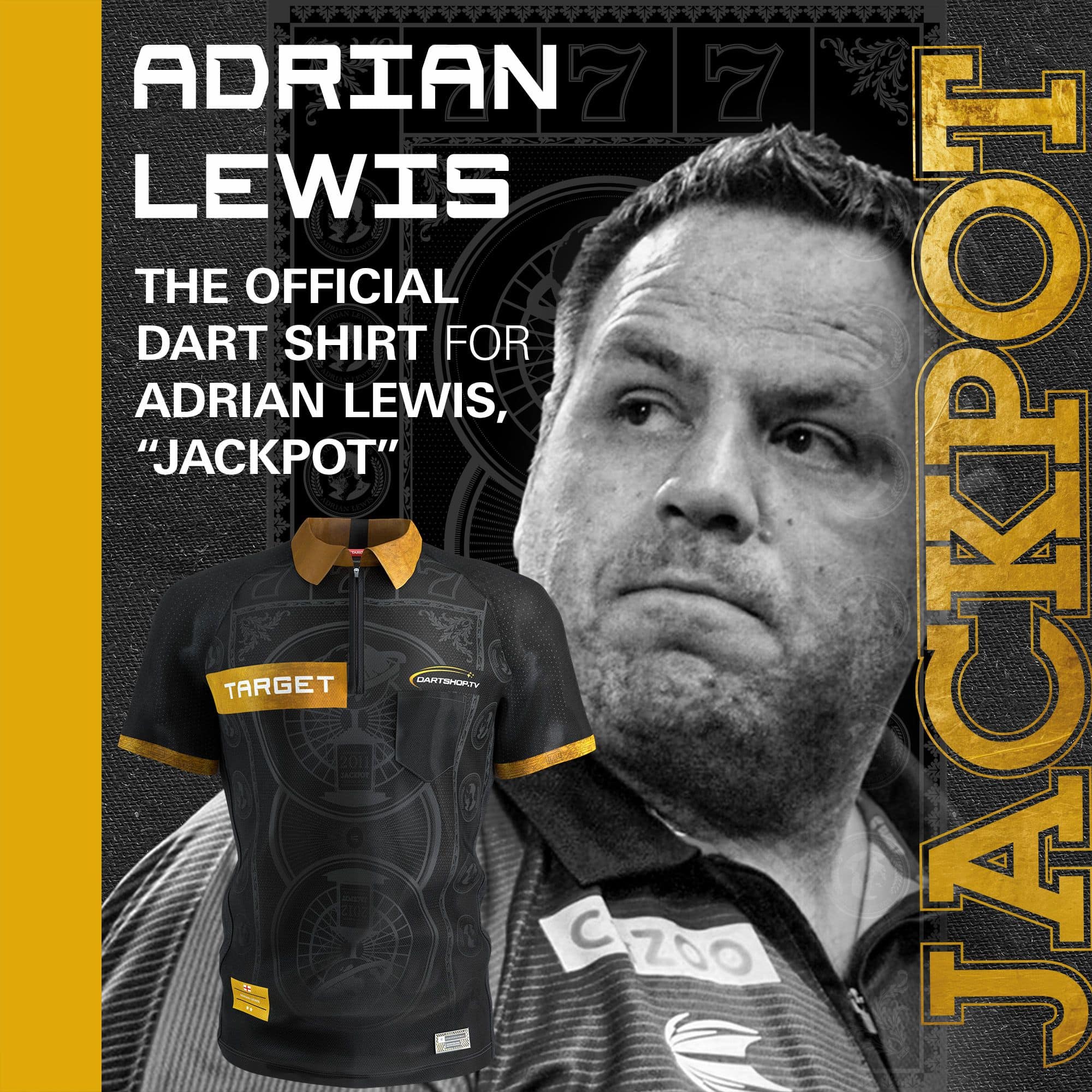 Camiseta de dardos de Adrian Lewis de Target 2026 Das Bild zeigt das Target Adrian Lewis Dartshirt 2026. Dieses Shirt ist für Darts-Fans und Sammler konzipiert.