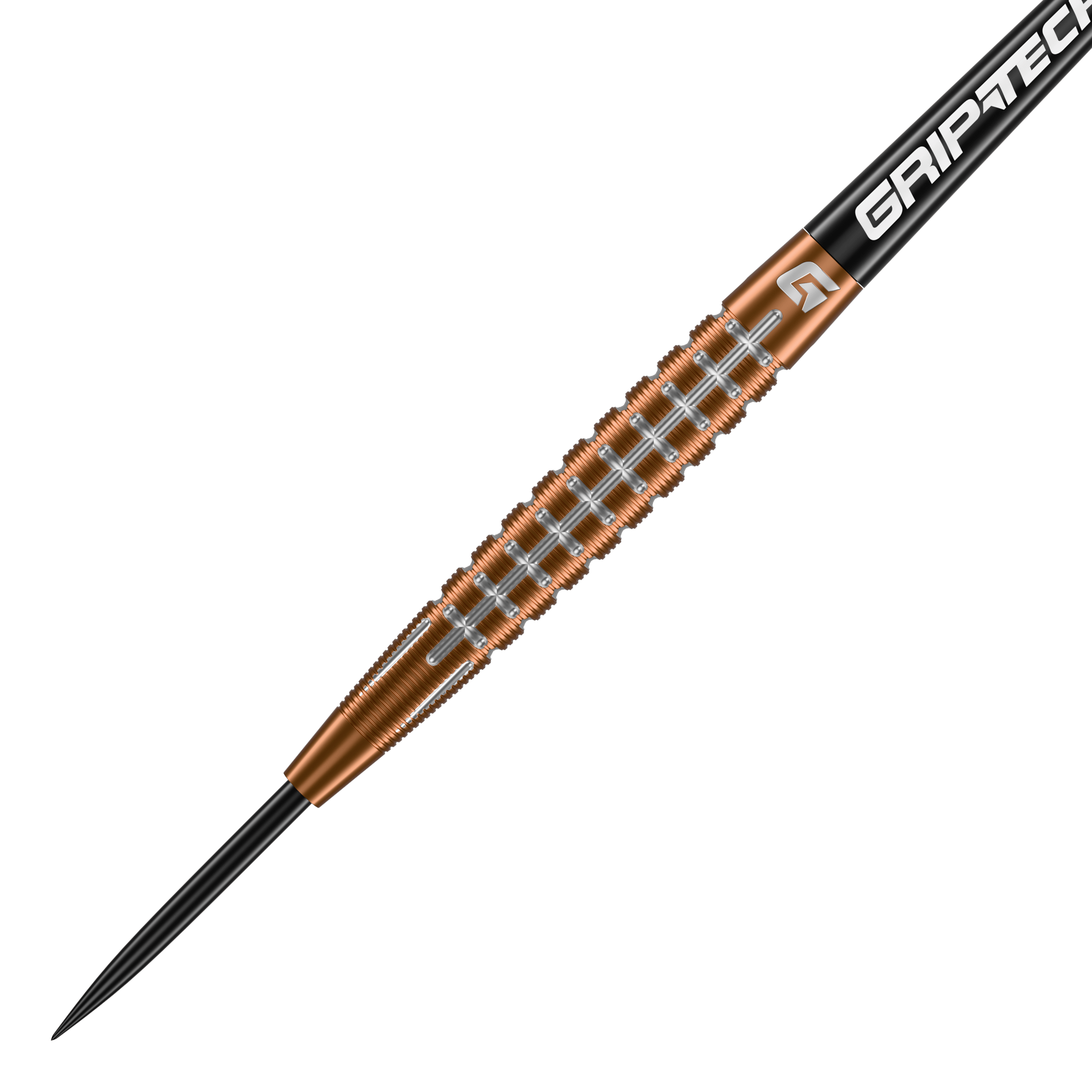 Dardos de acero de tungsteno GOAT Quarterback V1 Das Bild zeigt einen GOAT Quarterback V1 Tungsten Steeldart. Der Dart hat einen goldenen, geriffelten Schaft und eine schwarze Spitze.