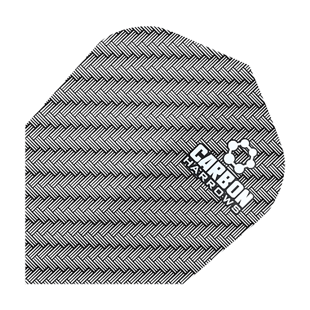 HR53_Harows_Carbon_No6_Flights_Weiss_1 Das Bild zeigt ein Harrows Carbon Flight HR53 für Dartpfeile. Das Flight hat ein schwarzes, gewebtes Karbonmuster und den weißen Aufdruck „CARBON HARROWS“.