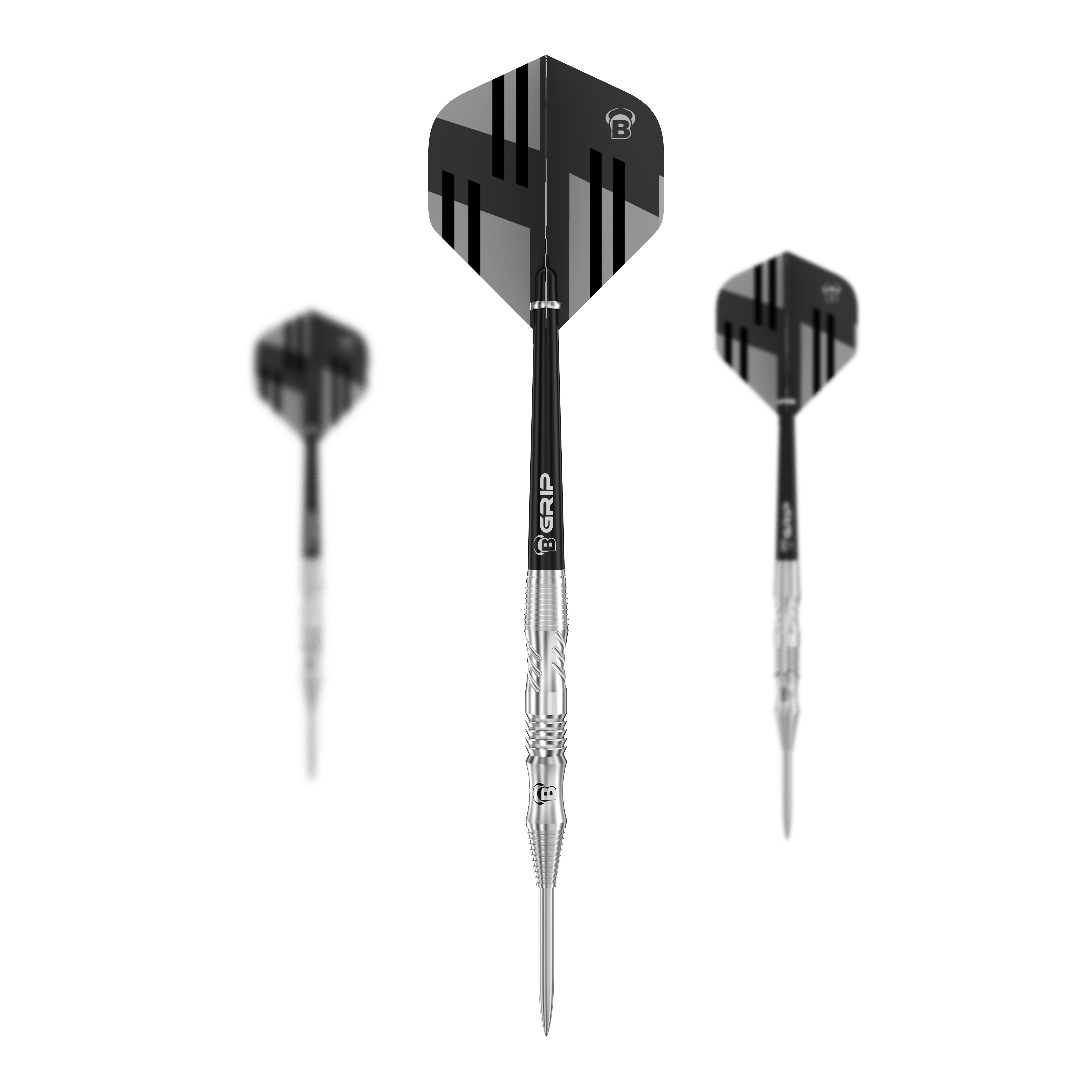 Dardos de acero Bulls Tac T1 Das Bild zeigt drei Bulls Tac T1 Steeldarts mit silbernen Spitzen und schwarzem Flight. Die Flights haben ein modernes, schwarz-graues Streifendesign.