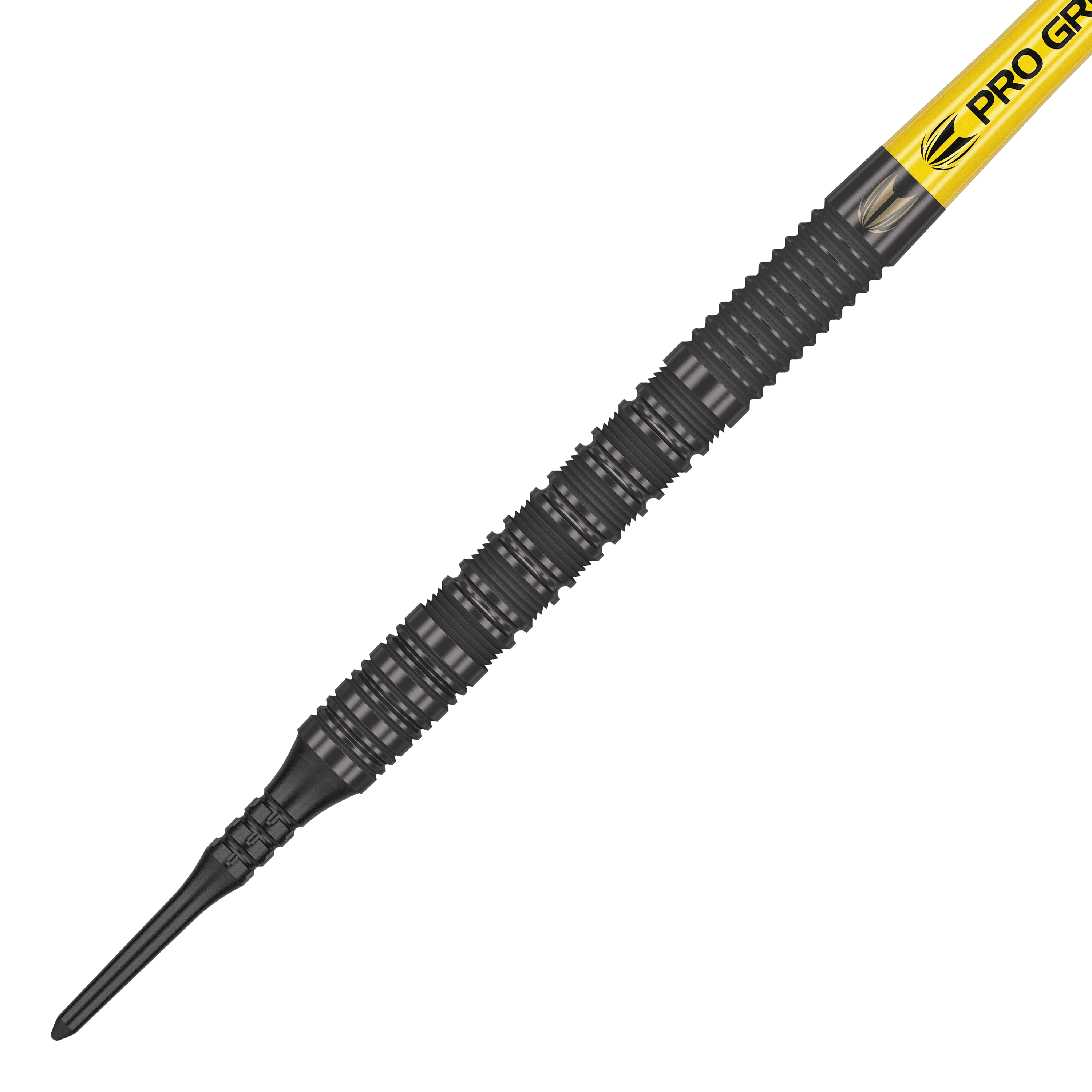 Dardos blandos Target Bolide Void 10 Das Bild zeigt einen Target Bolide Void 10 Softdart mit einer schwarzen, strukturierten Spitze. Am oberen Ende ist ein gelber Schaft mit der Aufschrift "Pro Grip" zu sehen.
