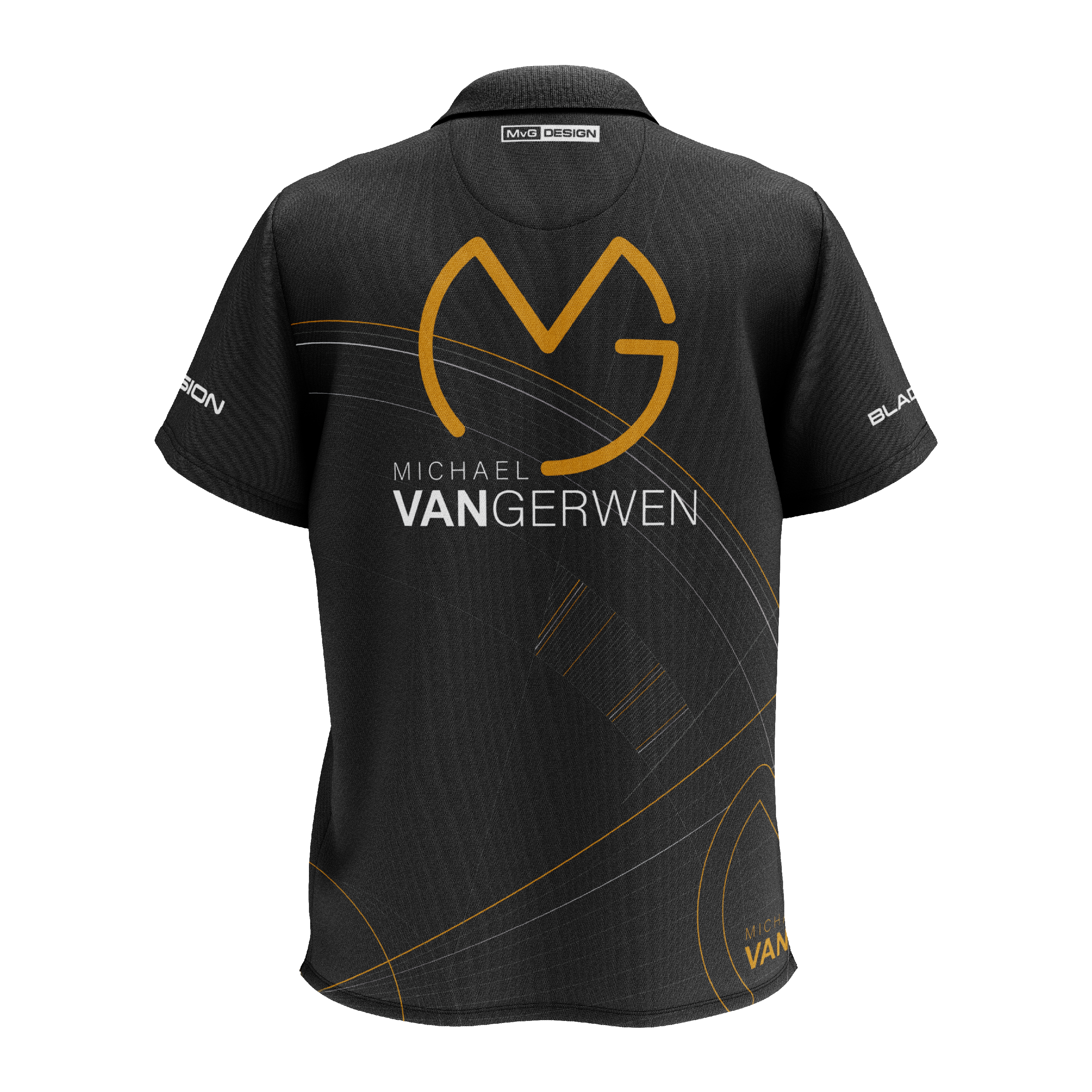 Polo Winmau Edición Limitada Tour Polo Dart Das Bild zeigt ein schwarzes Dartshirt mit goldenen und weißen Akzenten. Auf der Rückseite steht "Michael van Gerwen" zusammen mit einem großen, stilisierten "MVG"-Logo.