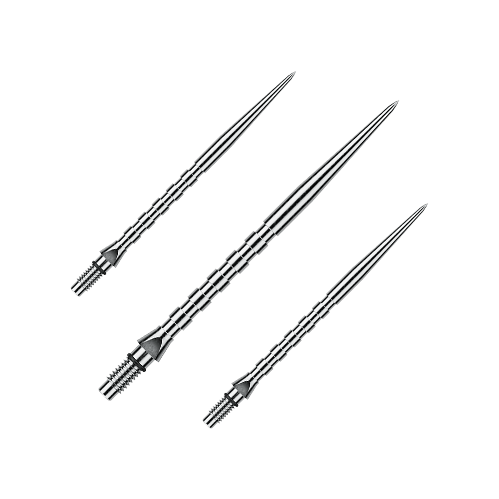 Abgebildet ist ein Set von silbernen Winmau Switch Point Groove Steeldartspitzen, 40 mm lang. Es sind typische Ersatzspitzen für Steeldarts.
