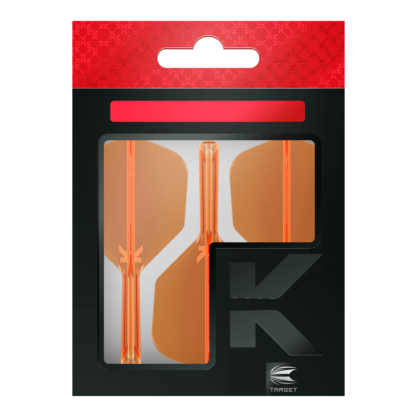 Sistema de vuelo Target K-Flex No6 - Naranja neón Die Verpackung zeigt drei neonorange Dart-Flights der Marke Target. Das Design ist modern mit einem schwarz-roten Hintergrund und einem großen "K" auf der Vorderseite.