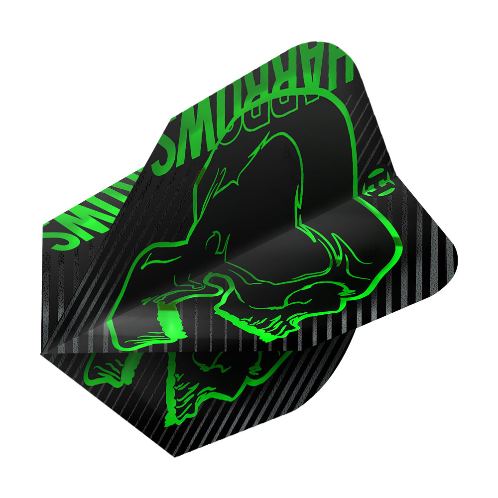 Rastros verdes furiosos nº 6 Das Bild zeigt das Produkt "Harrows Rage Green No6 Flights". Die Dart-Flights sind schwarz mit grünen, auffälligen Grafiken und Schriftzügen gestaltet.