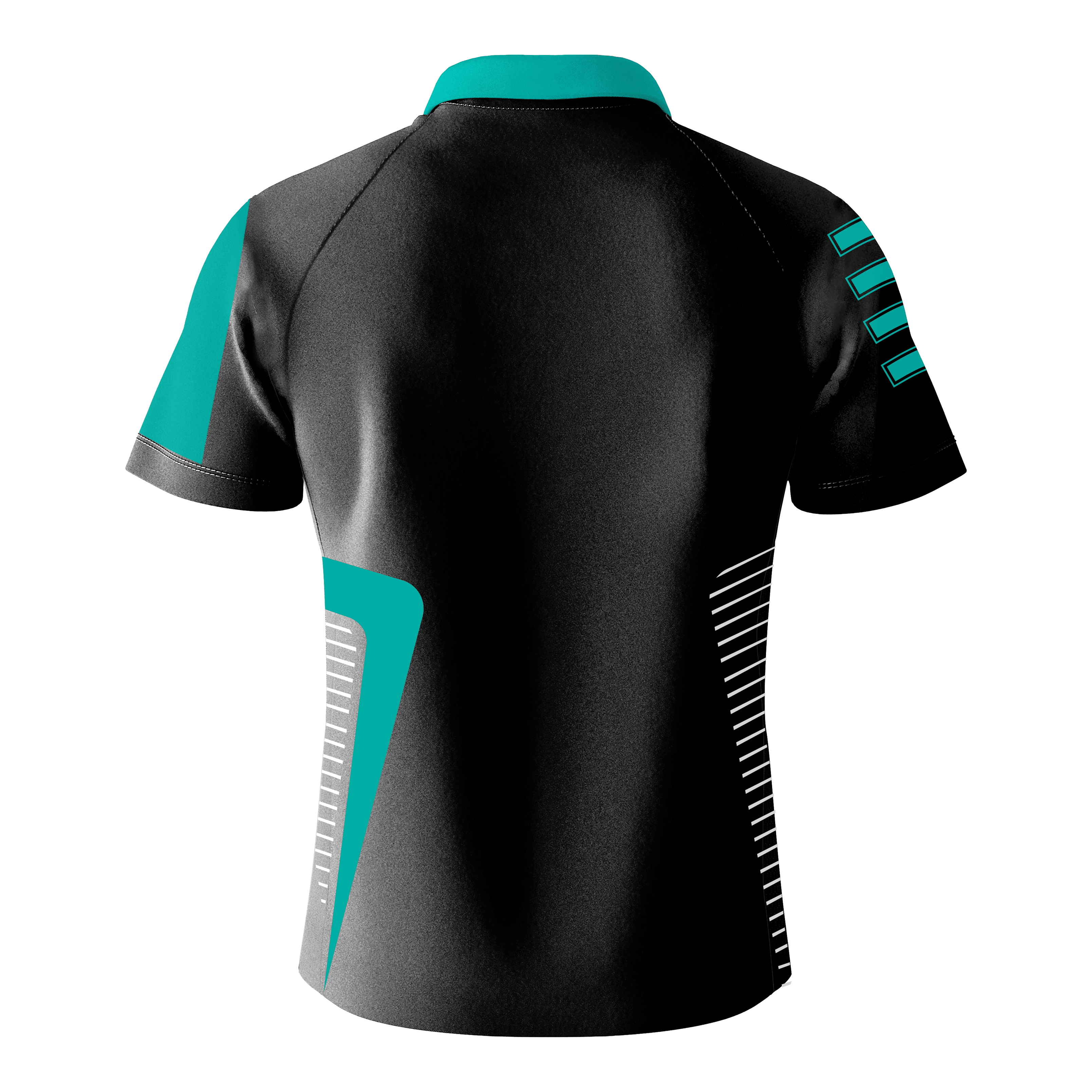 Camiseta de dardos del equipo Bulls - Menta Das Bild zeigt das "Bulls Team Dartshirt - Mint" von hinten. Das Shirt ist überwiegend schwarz mit mintfarbenen und weißen Akzenten.