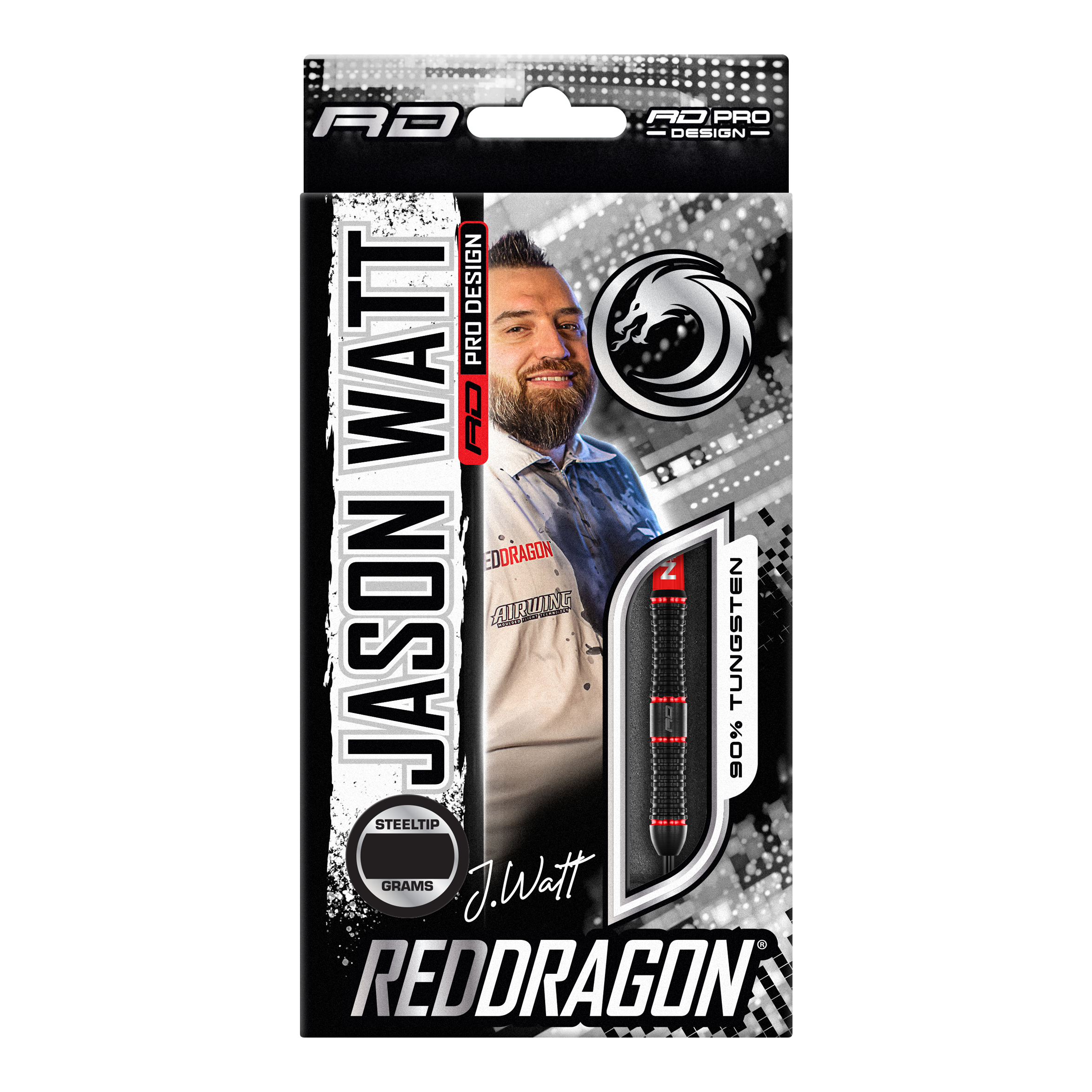 Dardos de acero Red Dragon Jason Watt - 22 g Die Abbildung zeigt die Verpackung der "Red Dragon Jason Watt Steeldarts - 22g". Auf der Vorderseite sind ein Bild von Jason Watt, der Dartpfeil und das Red Dragon-Logo zu sehen.