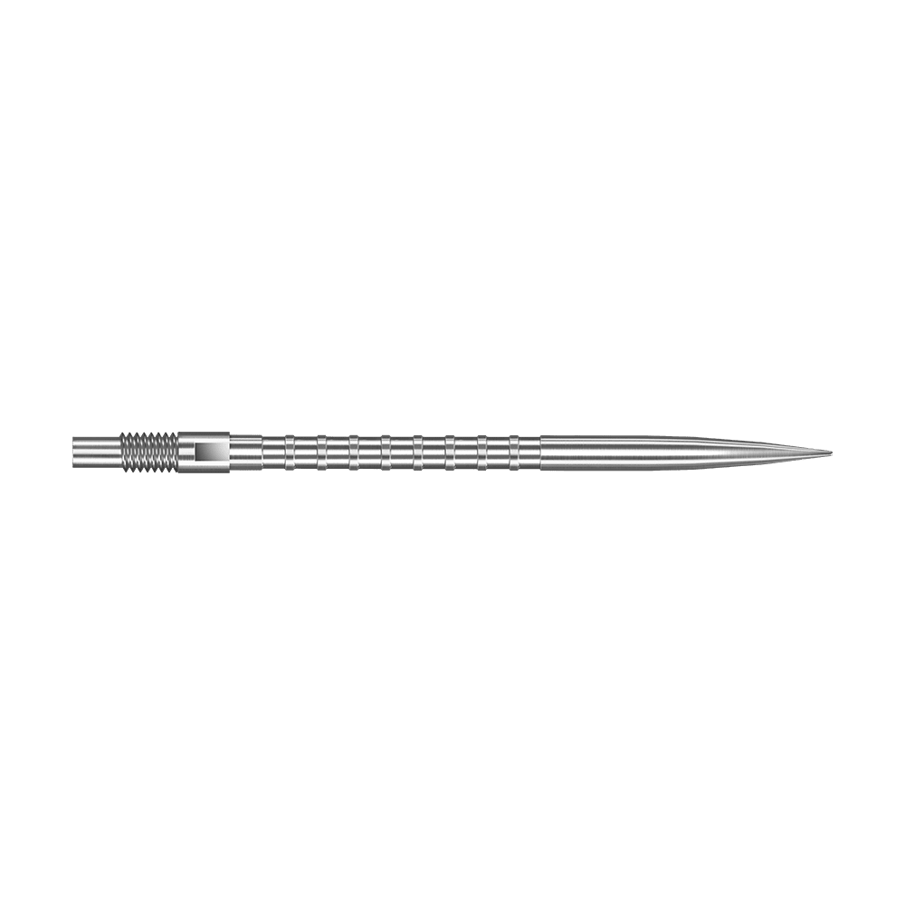 Das Bild zeigt eine silberne Dartspitze mit Heavy Metal Grip, 40 mm lang. Die Spitze liegt auf weißem Hintergrund.