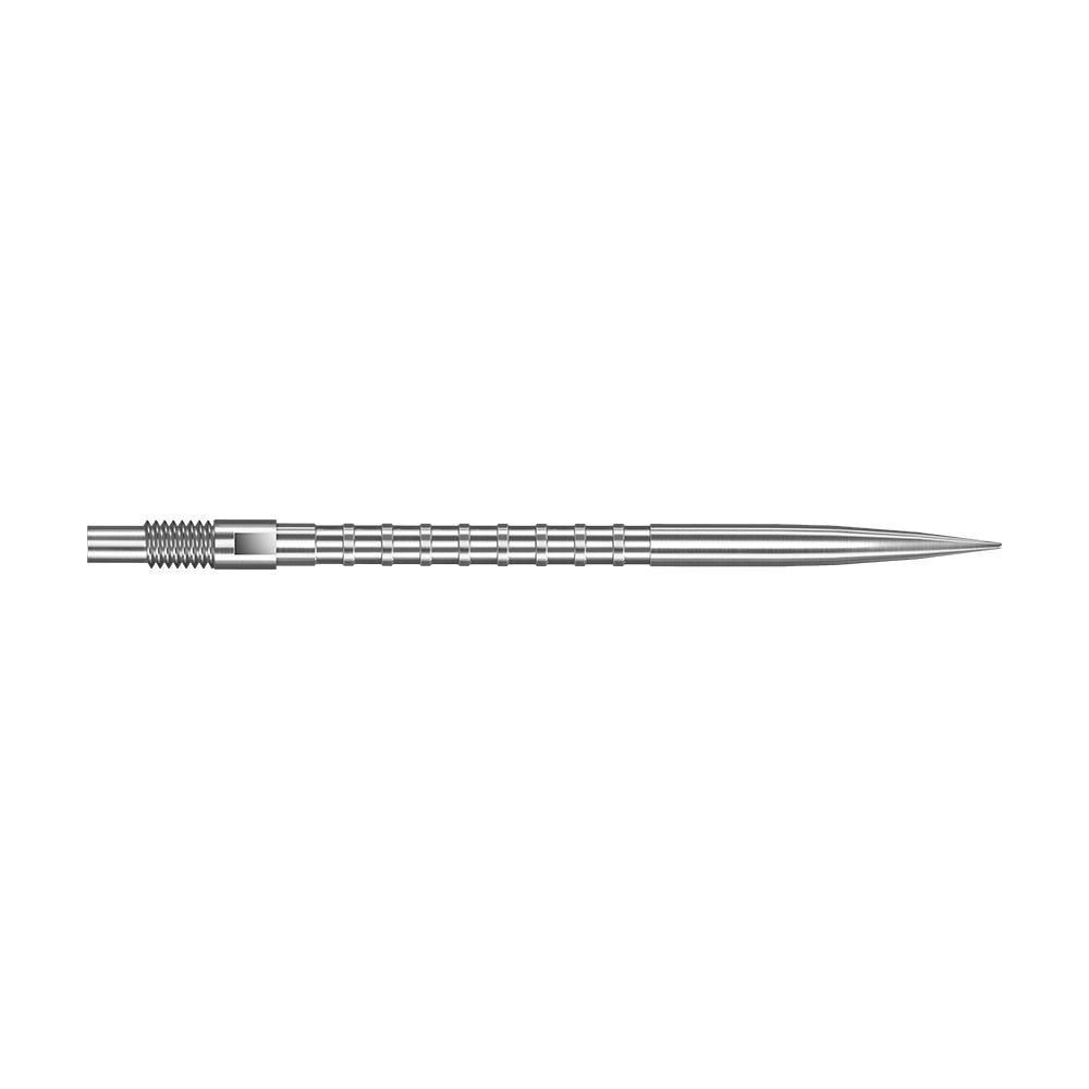 Puntas de dardos de metal pesado Harrows Quick Point - Plateadas Das Bild zeigt eine silberne Dartspitze mit Heavy Metal Grip, 40 mm lang. Die Spitze liegt auf weißem Hintergrund.