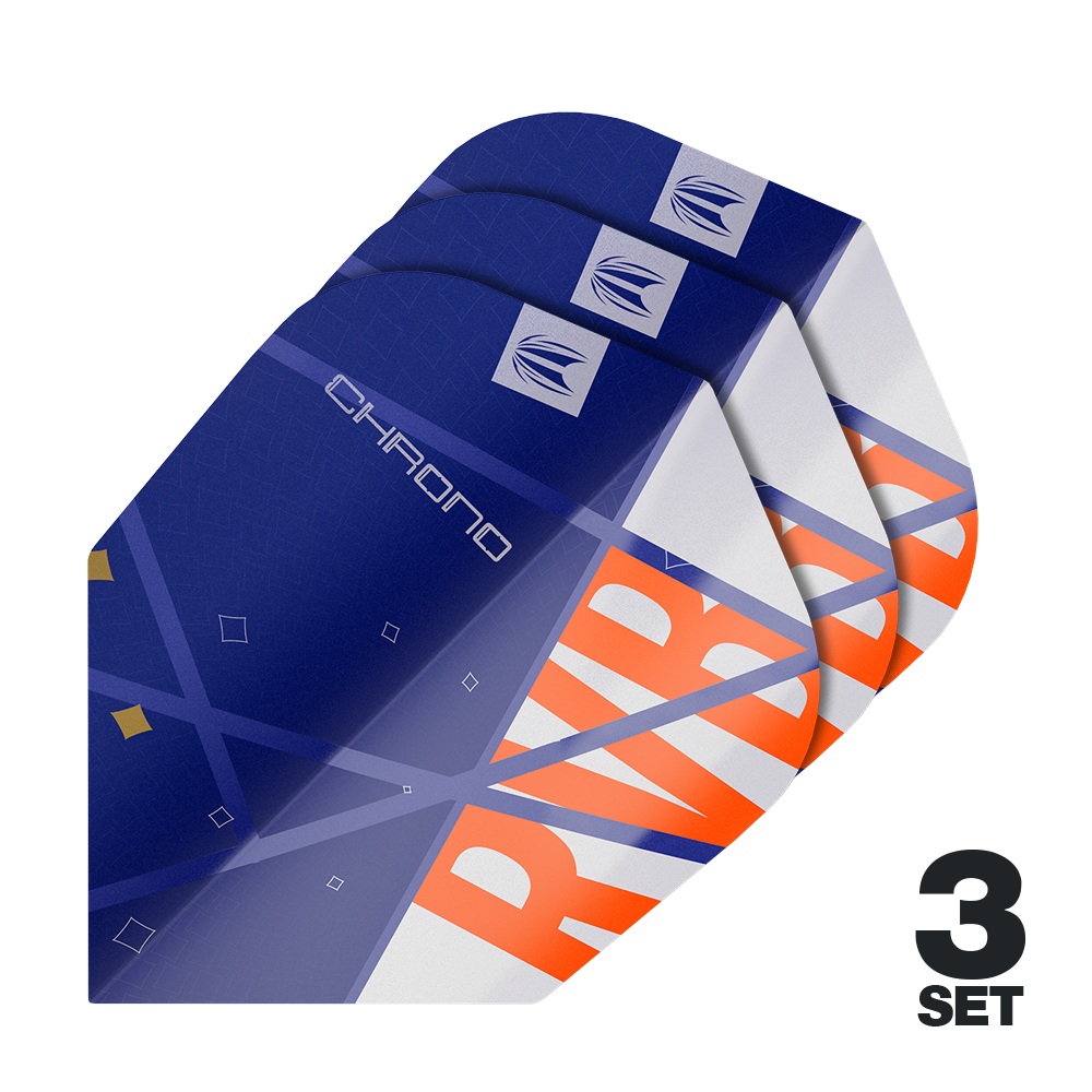 Plumas Target Pro Ultra Raymond Van Barneveld Chrono No6 - 3 juegos Das Bild zeigt drei Sets der Target Pro Ultra Raymond Van Barneveld Chrono No6 Flights. Die Flights sind hauptsächlich blau mit weißen und orangefarbenen Akzenten gestaltet.