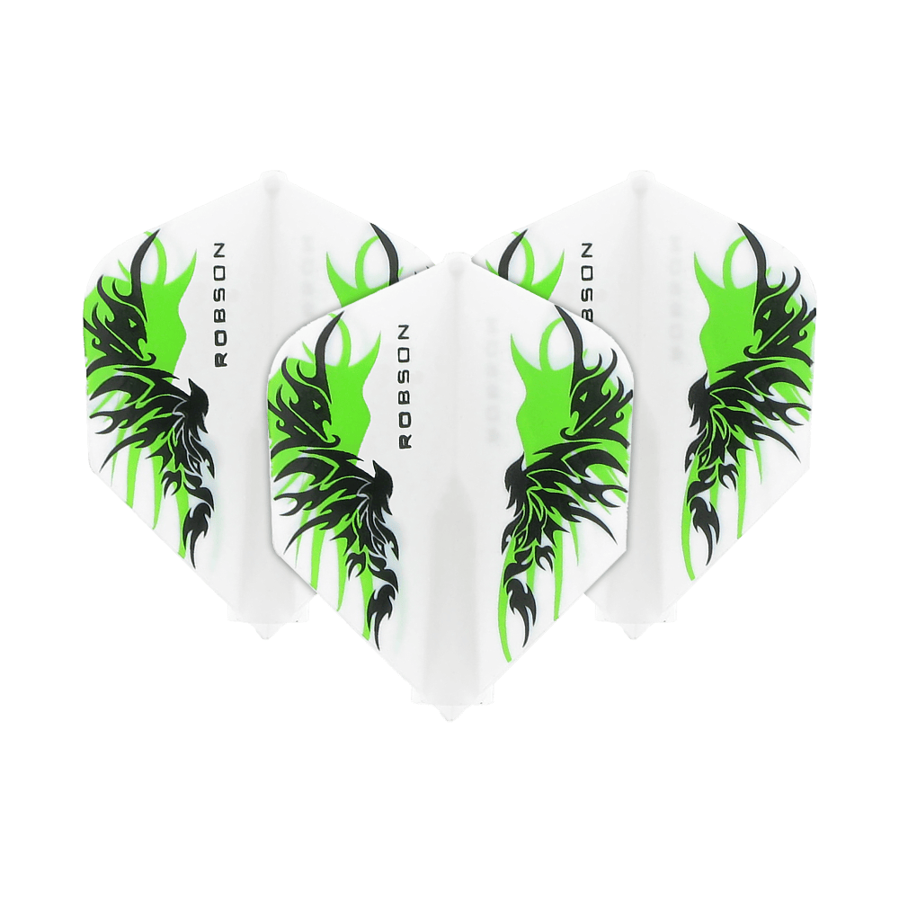 Robson Plus Flights Standard Finn White Die Abbildung zeigt drei Dart-Flights des Modells "Robson Plus Flights Standard Finn White". Sie sind weiß mit einem schwarzen und grünen Flammenmuster sowie der Aufschrift "ROBSON".