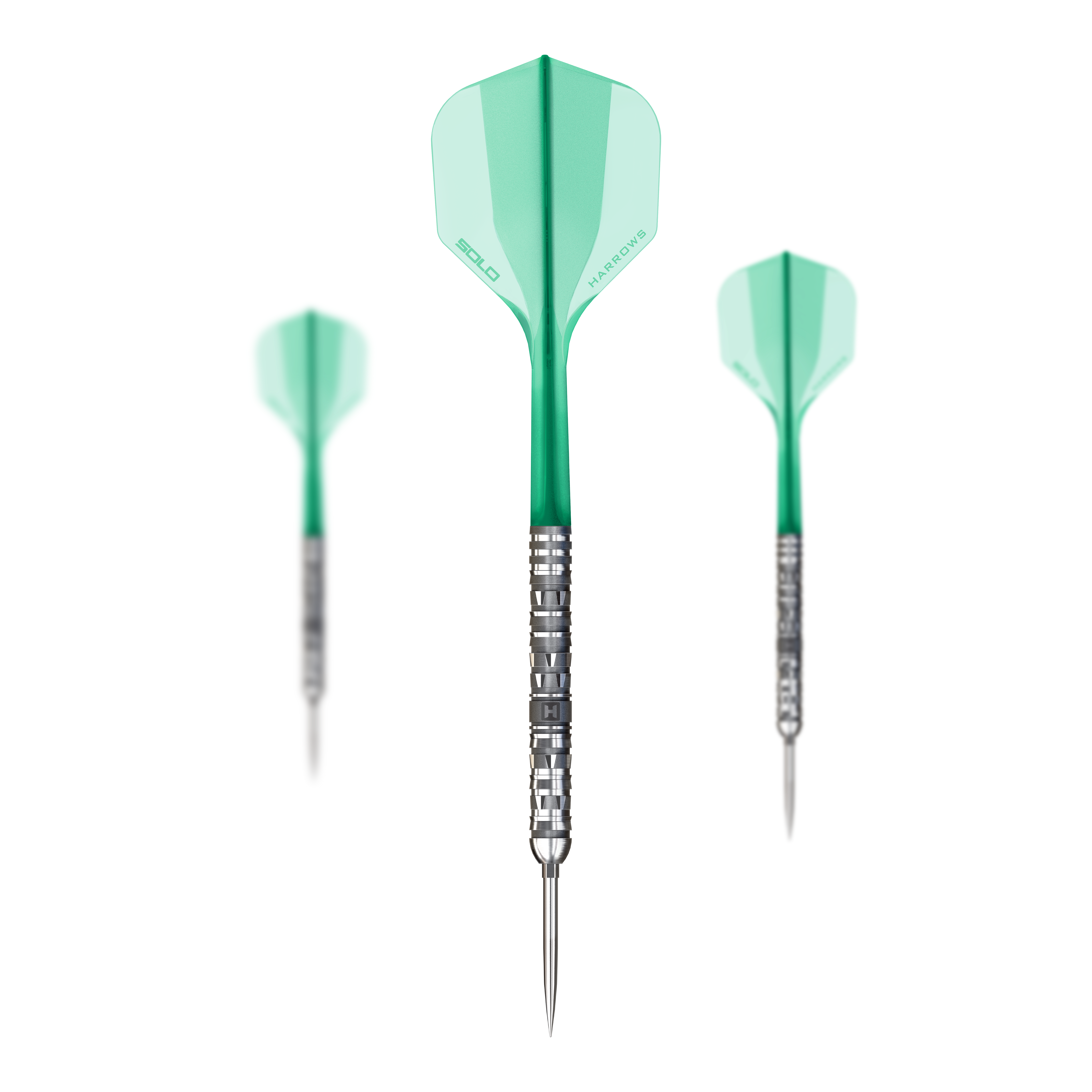 Das Bild zeigt Harrows Torrent Parallel Quick Point Steeldarts als Set. Mehrere Darts sind nebeneinander angeordnet.