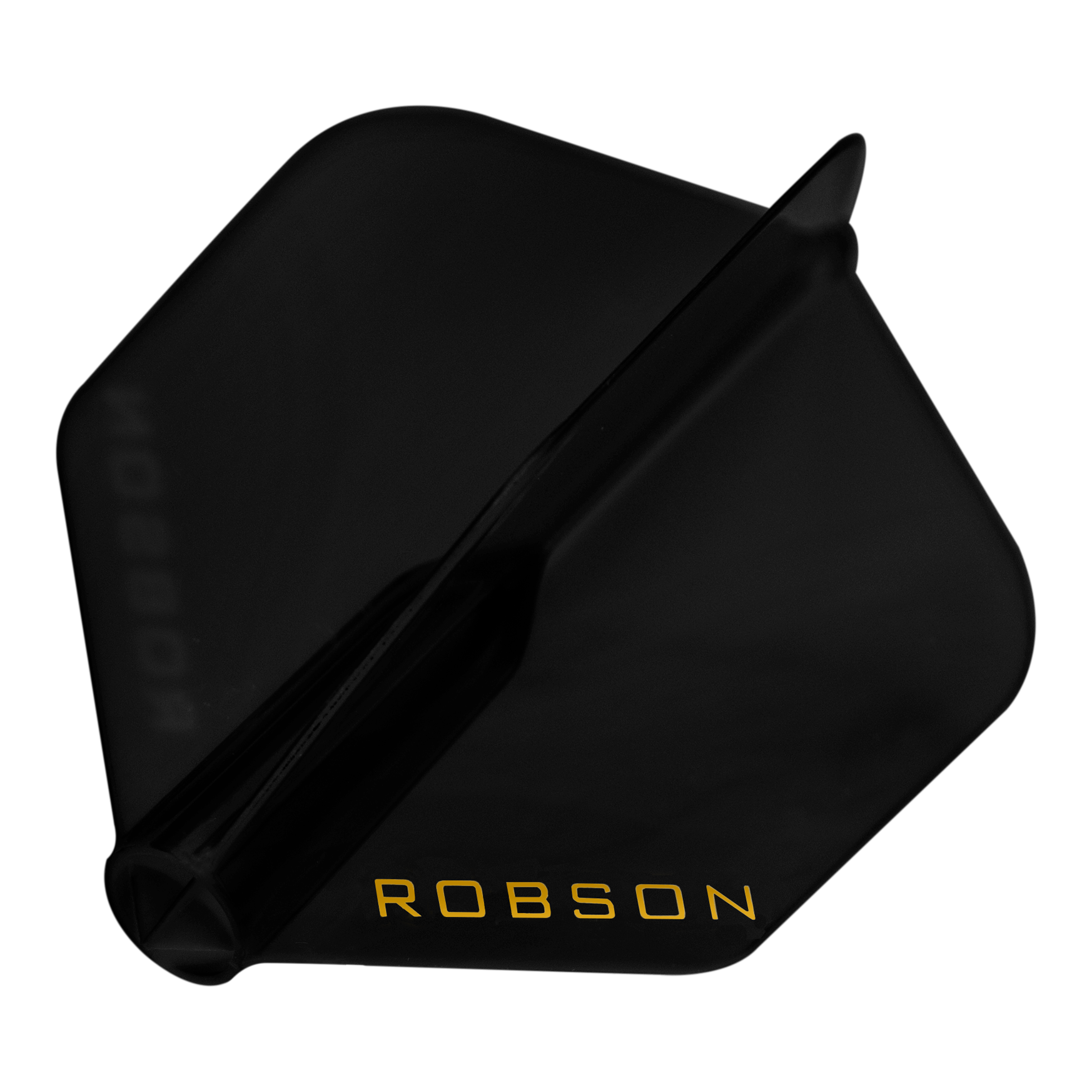 Das Bild zeigt einen schwarzen Dart-Flügel mit der Aufschrift "ROBSON" in gelber Farbe. Der Flügel hat eine standardmäßige, fünfeckige Form.
