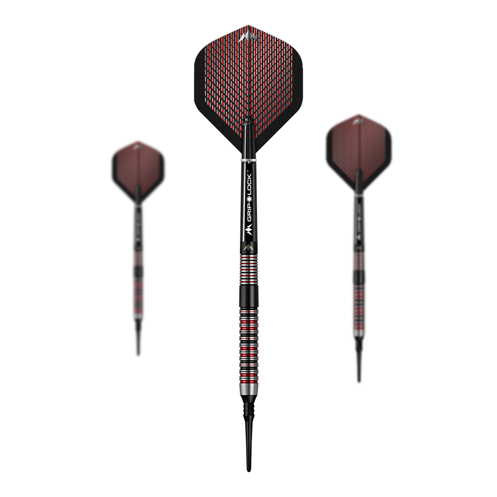 Dardos blandos Mission Red Dawn Modelo 1 - 19 g Auf dem Bild sind drei Softdarts des Modells "Mission Red Dawn Model 1" mit einem Gewicht von 19 Gramm zu sehen. Die Darts haben rote und schwarze Akzente sowie eine auffällige Flight-Gestaltung.