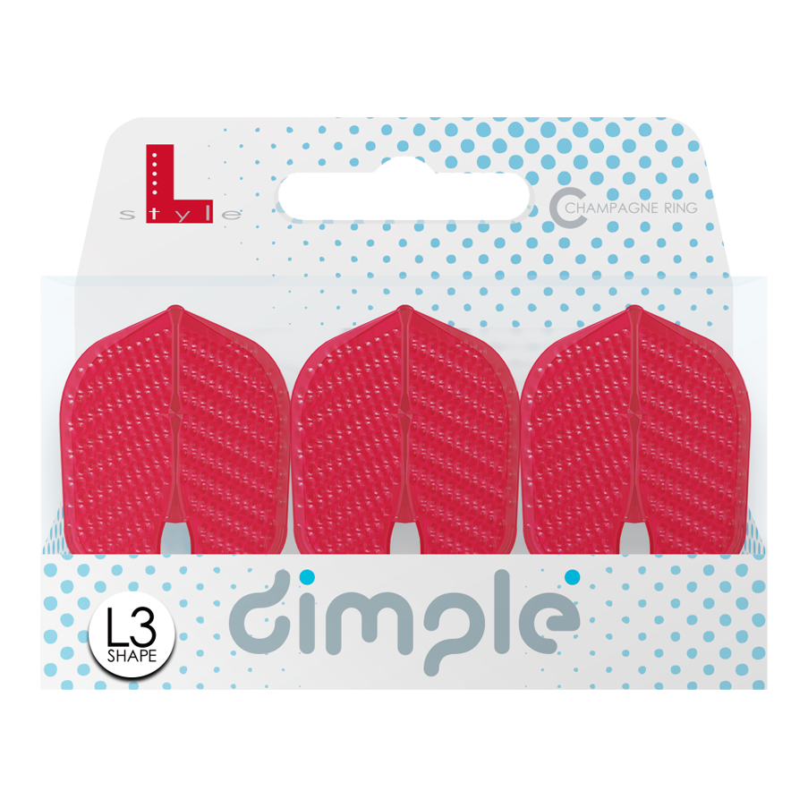 L-Style Flights Dimple Champagne L3PRO Shape Das Bild zeigt eine Packung mit drei roten L-Style Flights Dimple Champagne im L3PRO Shape. Die Verpackung ist weiß mit blauen Punkten und dem Aufdruck "dimple".