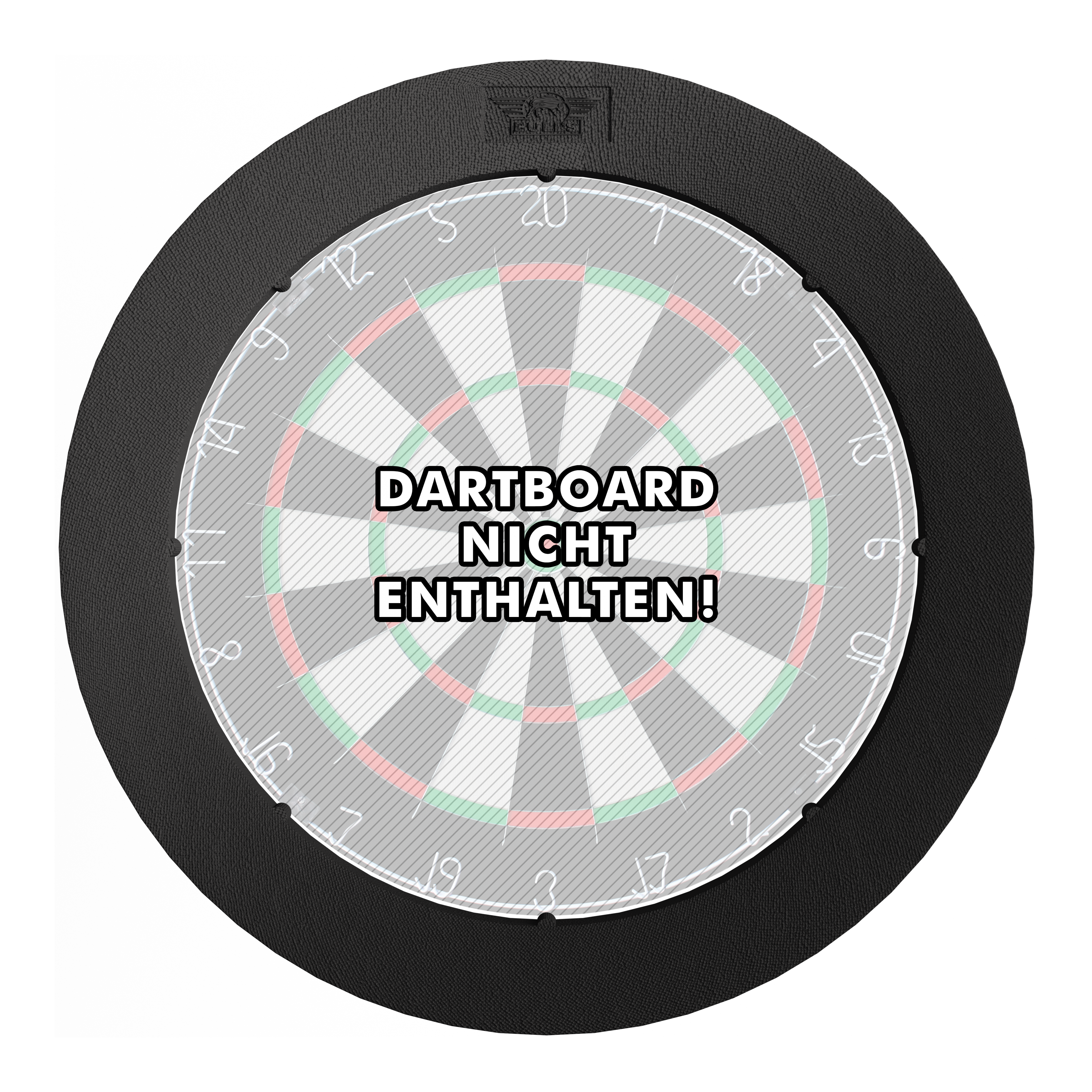 Sistema de iluminación envolvente Lumo Light de Bulls NL Das Bild zeigt das 'Bulls NL Lumo Light Surround Beleuchtungssystem' rund um eine Dartscheibe. In der Mitte steht der Hinweis: "Dartboard nicht enthalten!"